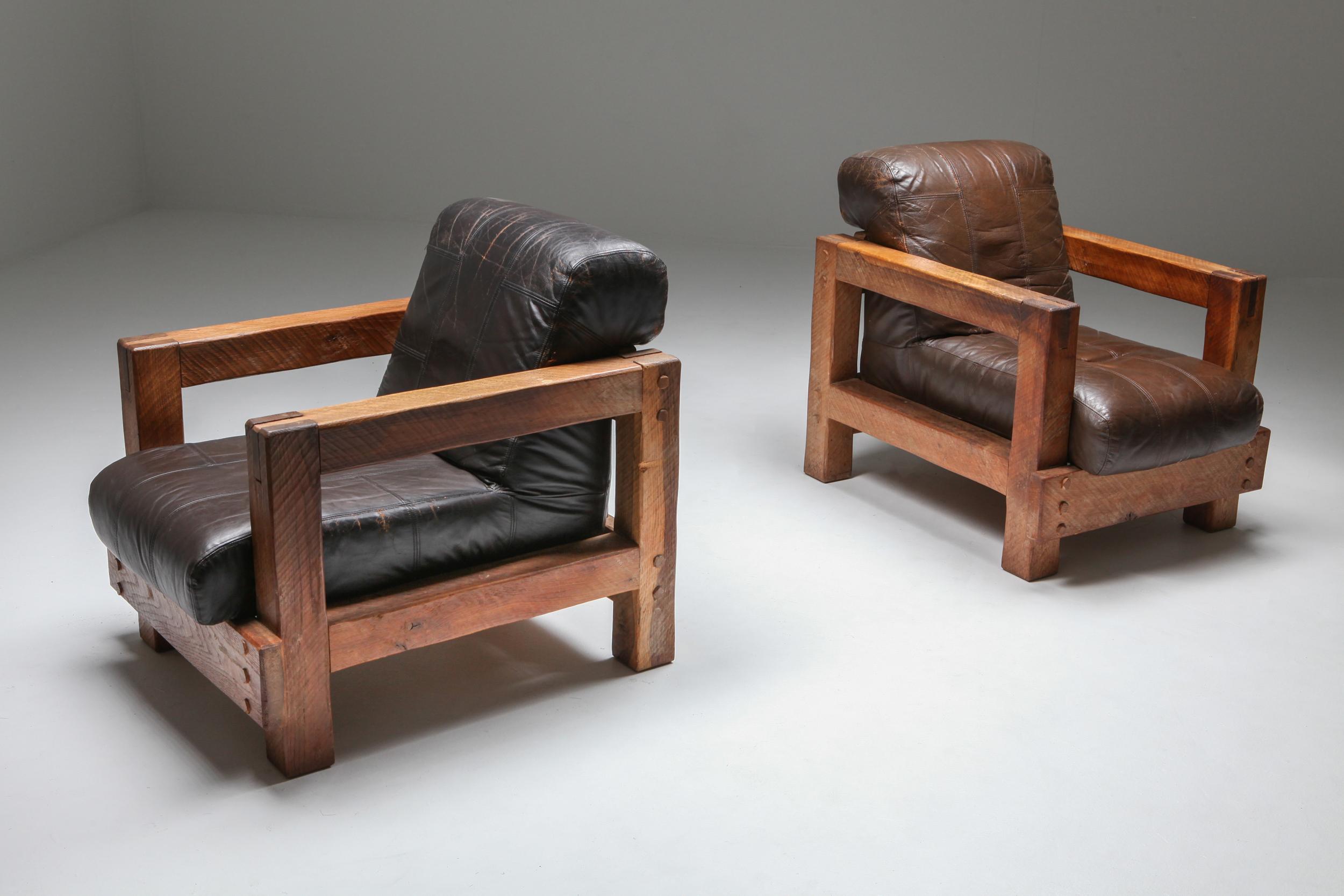 Oak and brown leather lounge chairs, Europe, 1950s

The wooden frame is in beautiful contrast with the patina of the leather.
The rough and rustic touch of the chairs would go well in combination with a modern coffee table.
     