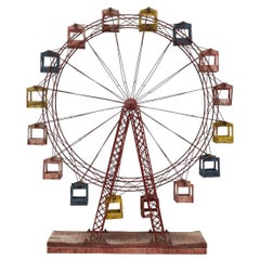 Mid-Century Wooden & Metal Kinetic Ferris Wheel with Red, Blue & Yellow Cabins
