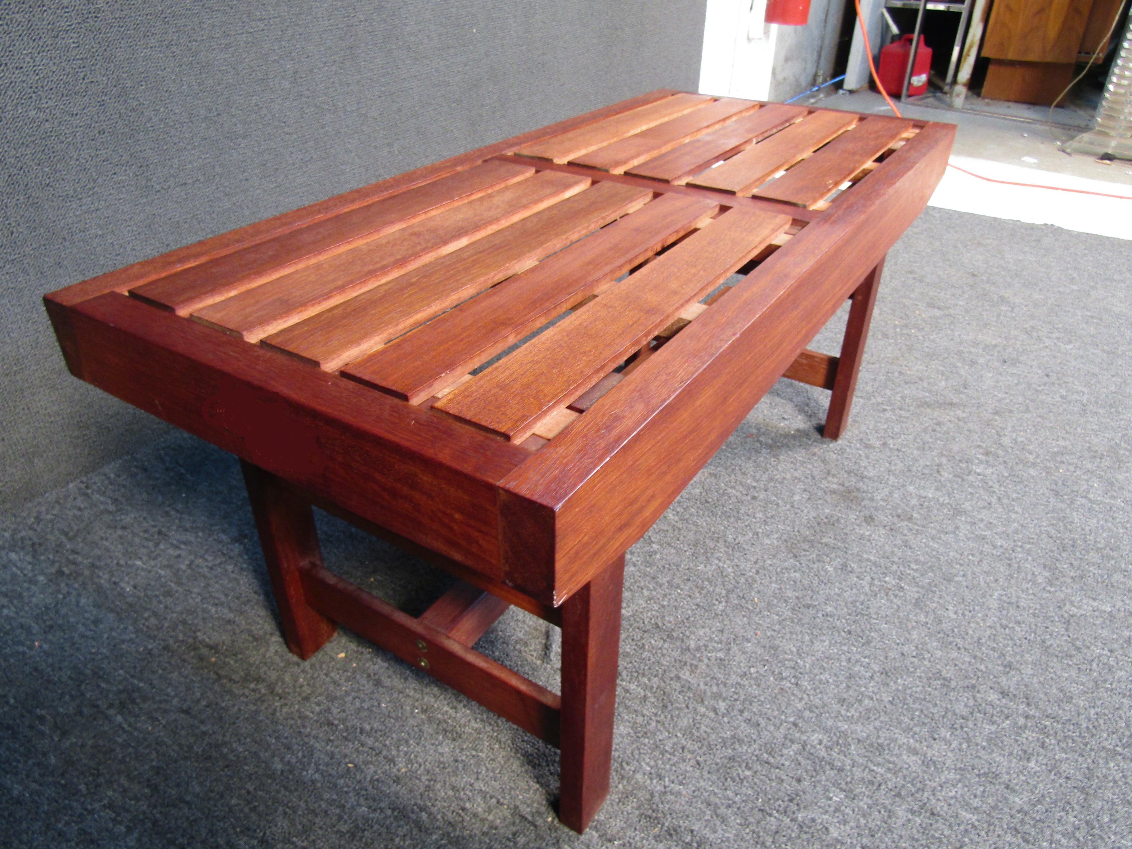 Mid-Century Wooden Slat Bench For Sale 1