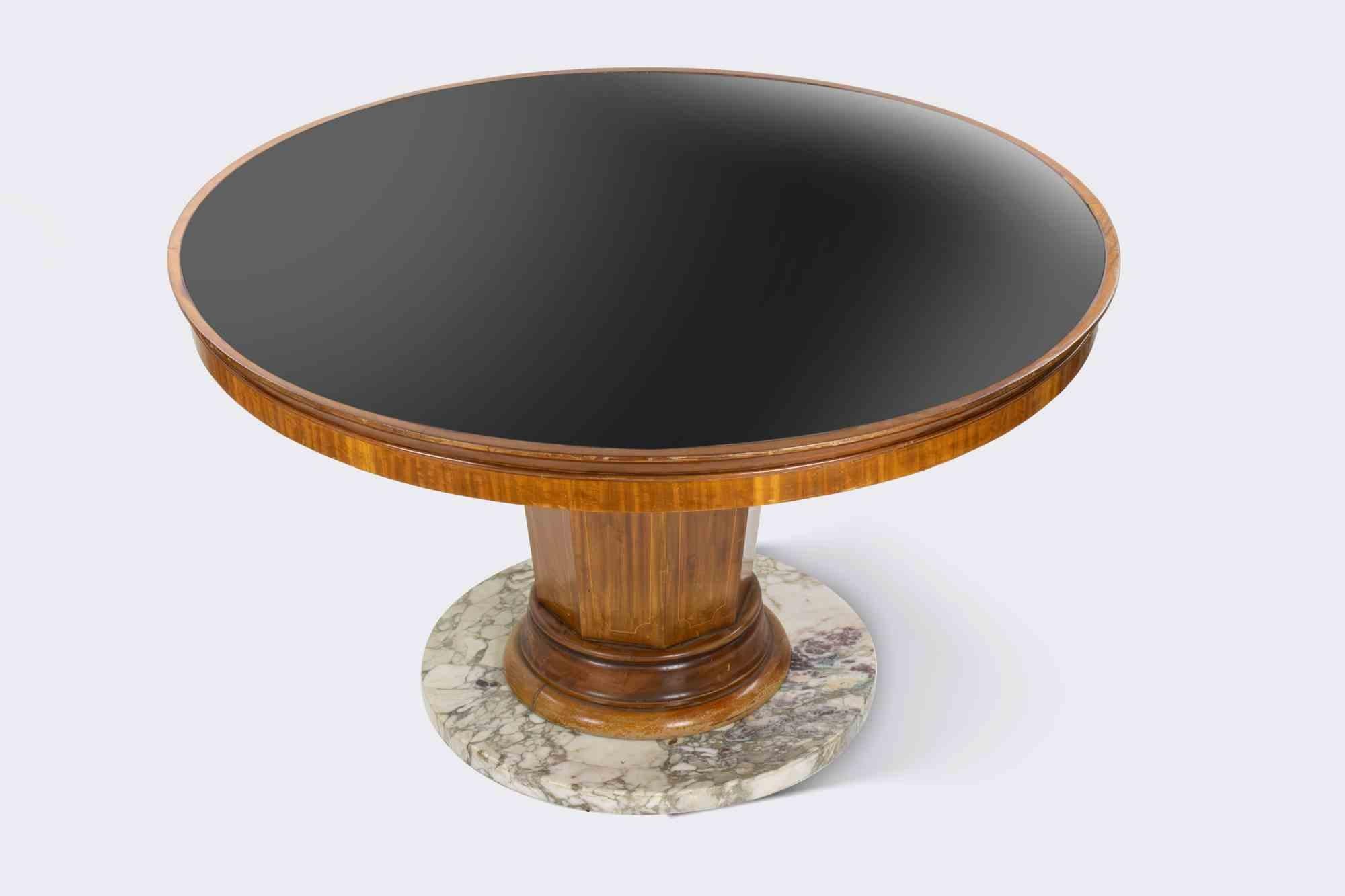 Bois Table en bois avec base en marbre et plateau en verre, milieu du 20e siècle en vente
