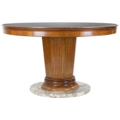 Mid-Century Wooden Table with Marble Base and Glass Top, mid-20th Century