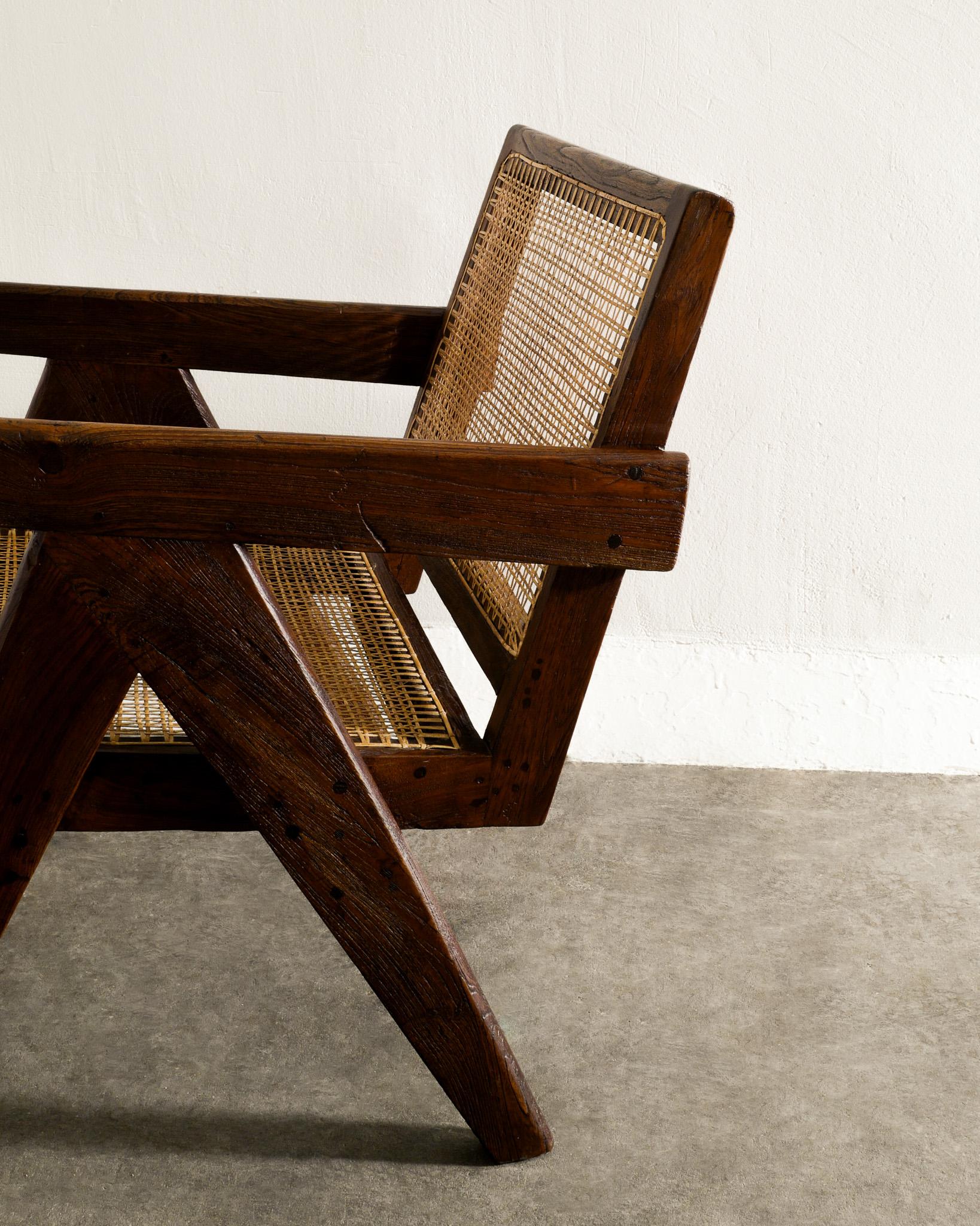 Indian Mid Century Wooden Teak Easy Armchair by Pierre Jeanneret Produced in 1950s  For Sale