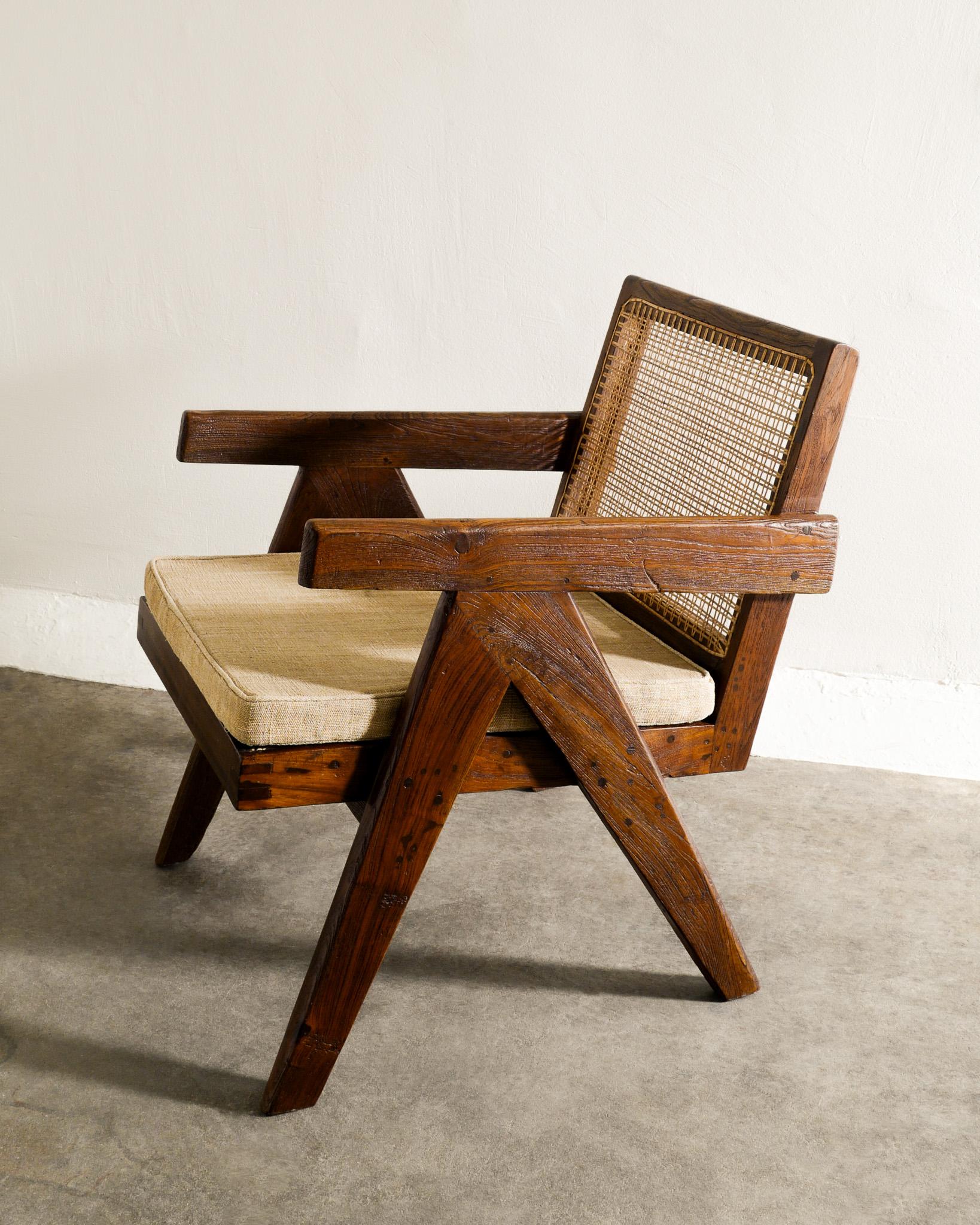 Rattan Mid Century Wooden Teak Easy Armchair by Pierre Jeanneret Produced in 1950s  For Sale