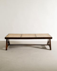 Mid Century Wooden Teak & Rattan Bench by Pierre Jeanneret for Chandigarh, 1950s