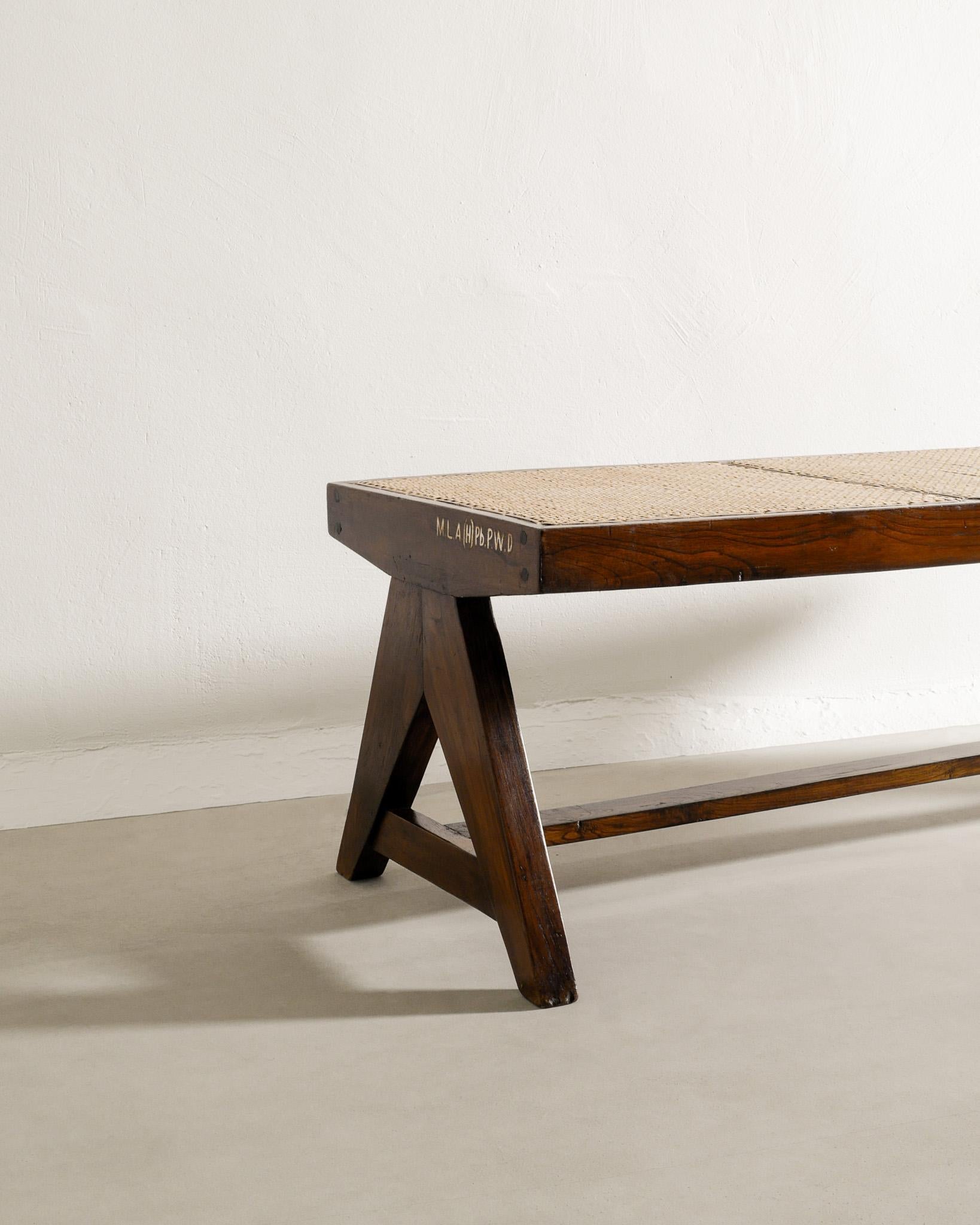 Indian Mid Century Wooden Teak & Rattan Bench by Pierre Jeanneret for Chandigarh, 1950s For Sale