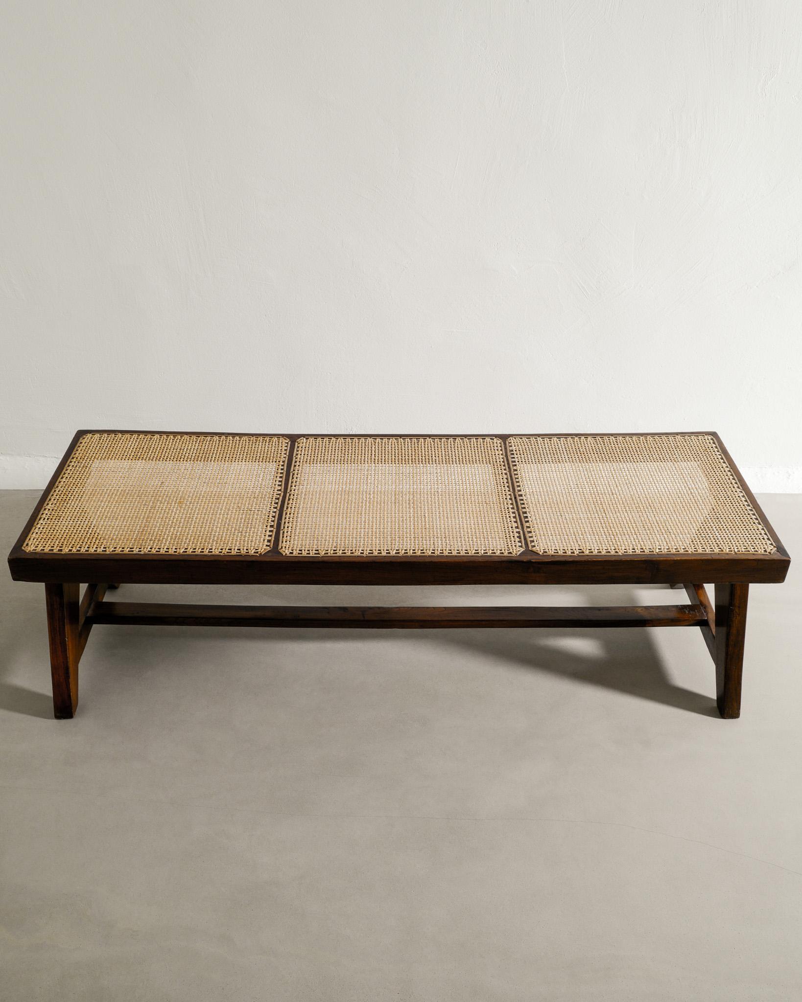 Mid Century Wooden Teak & Rattan Bench by Pierre Jeanneret for Chandigarh, 1950s For Sale 1