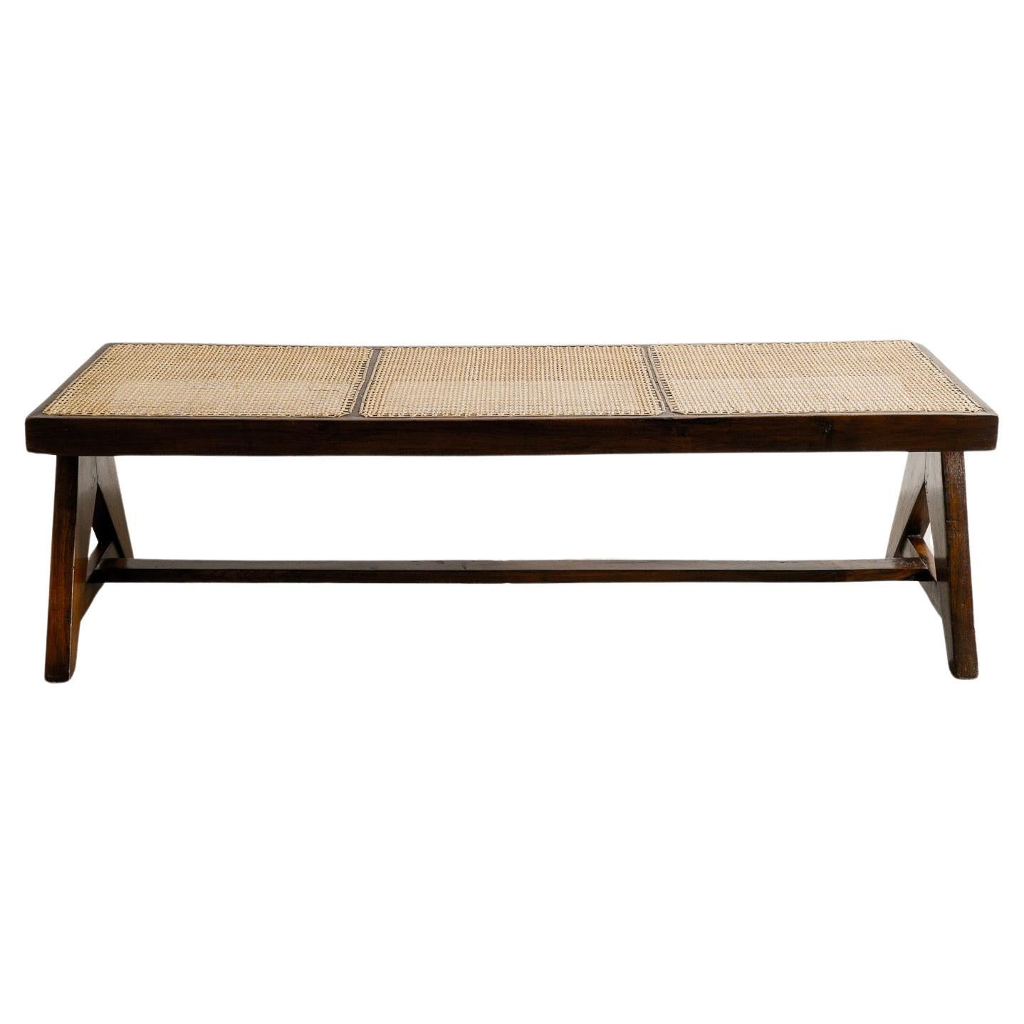 Mid Century Wooden Teak & Rattan Bench by Pierre Jeanneret for Chandigarh, 1950s For Sale