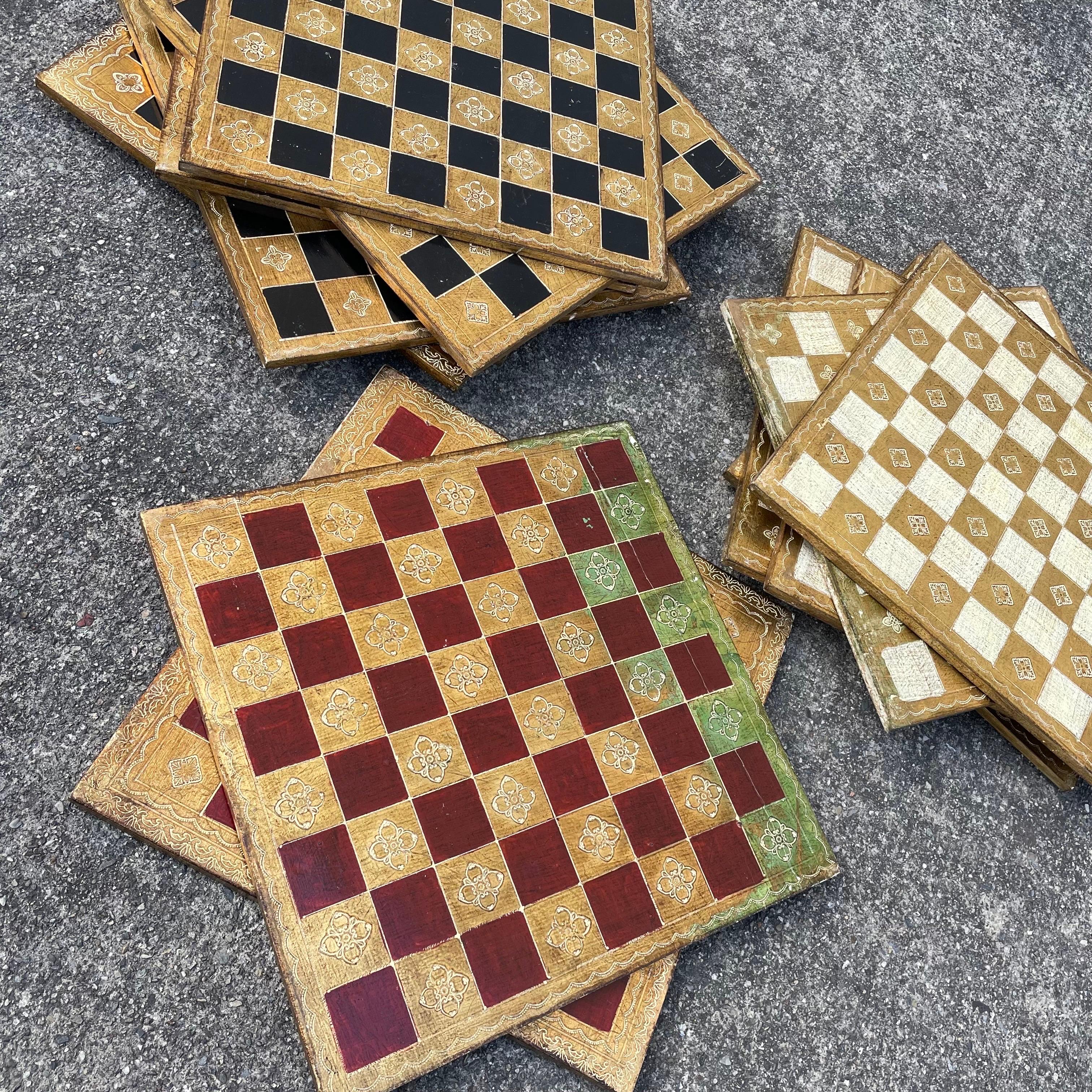 Beautiful hand painted wooden tiles with checkerboard pattern, 14 tiles in total, 2 red, 6 black and 6 gold. Great as a wall installation or a small space paneling, made in Italy.