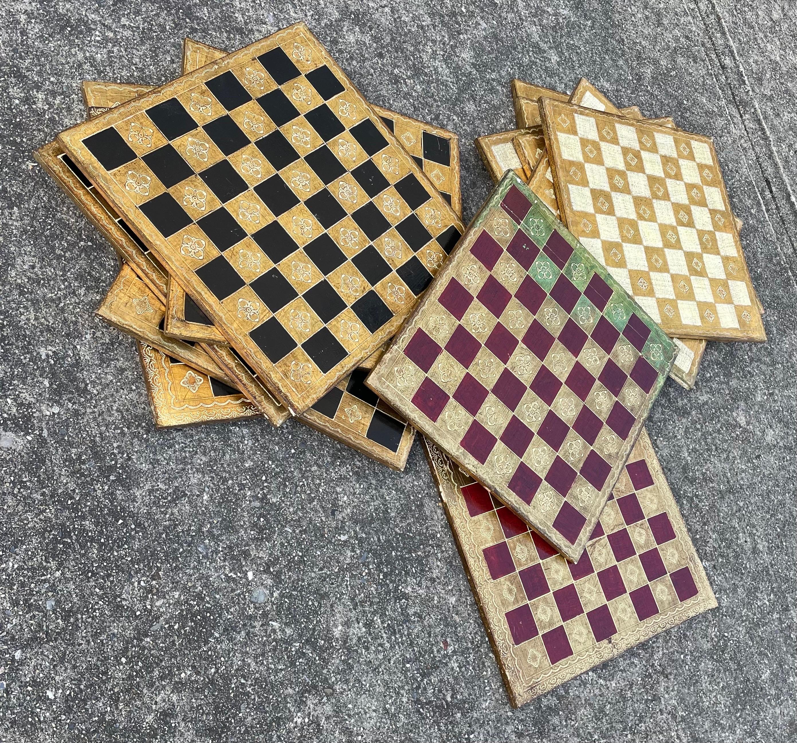 Gothic Revival Mid Century Wooden Tiles, Hand Painted Checkerboard Design, Gold Accents, Italy For Sale