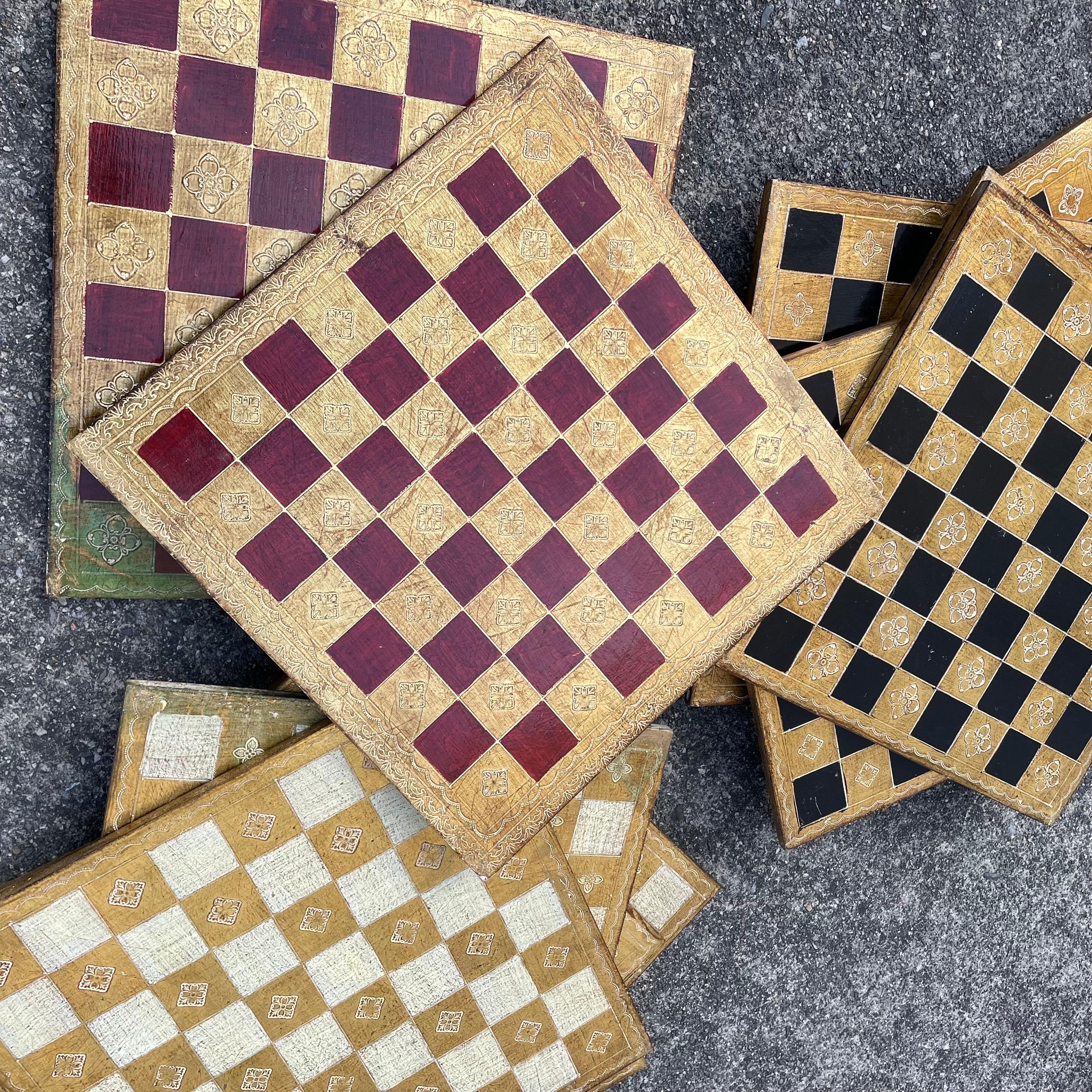Italian Mid Century Wooden Tiles, Hand Painted Checkerboard Design, Gold Accents, Italy For Sale