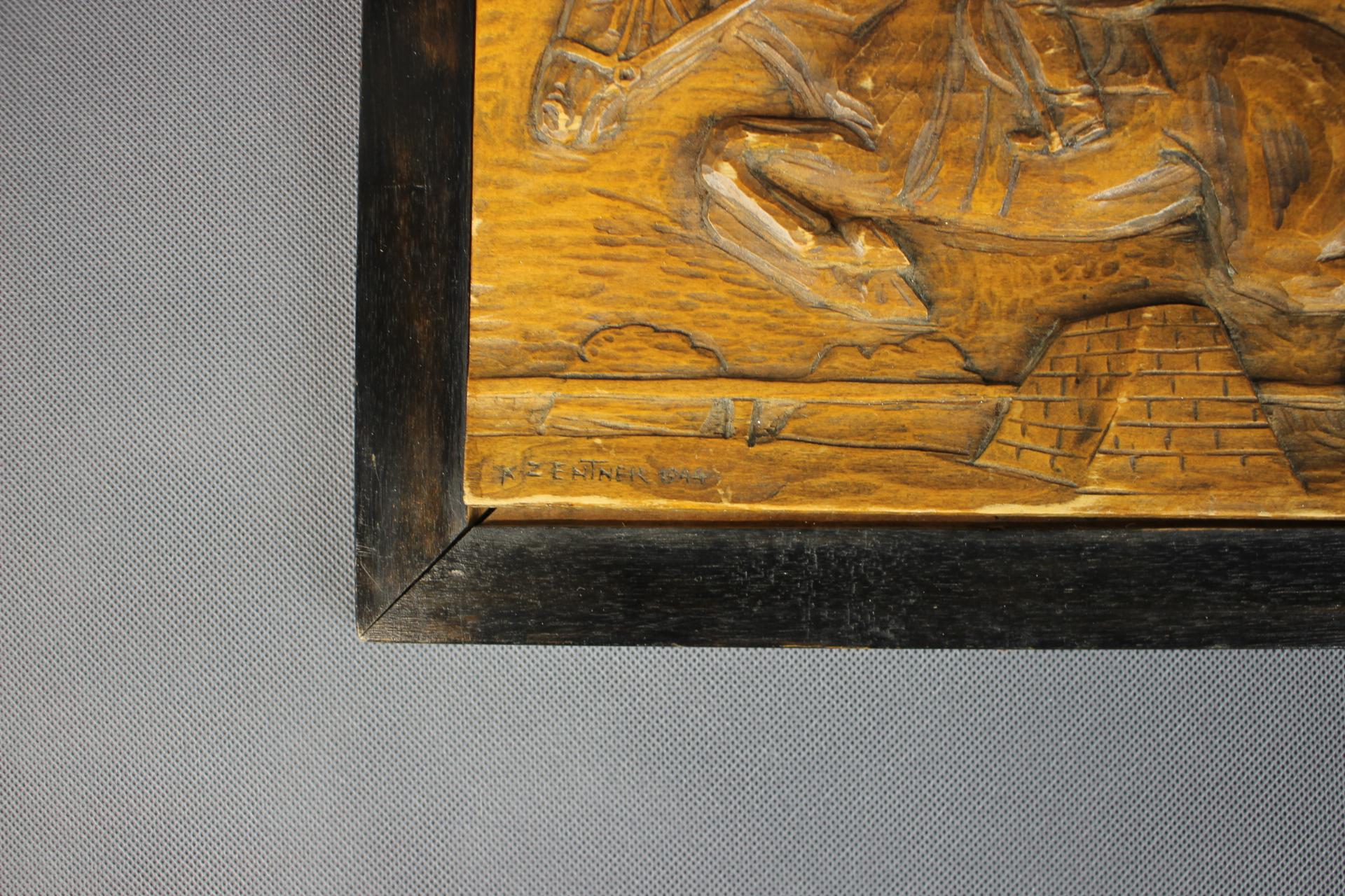 Mid-Century Modern Mid-Century Woodwork of Horseracing by K. Zentner, Czechoslovakia, 1944 For Sale