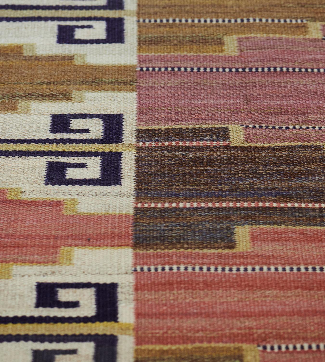 Hand-Woven Mid Century Wool Signed Handwoven Swedish Rug