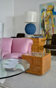 Midcentury Woven Cane Cube Form Side Table