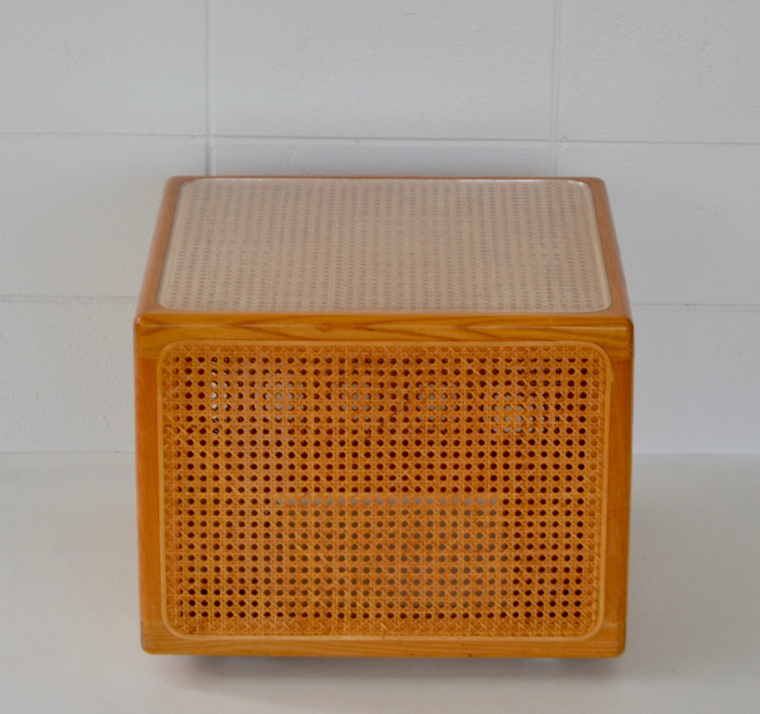 American Midcentury Woven Cane Cube Form Side Table For Sale