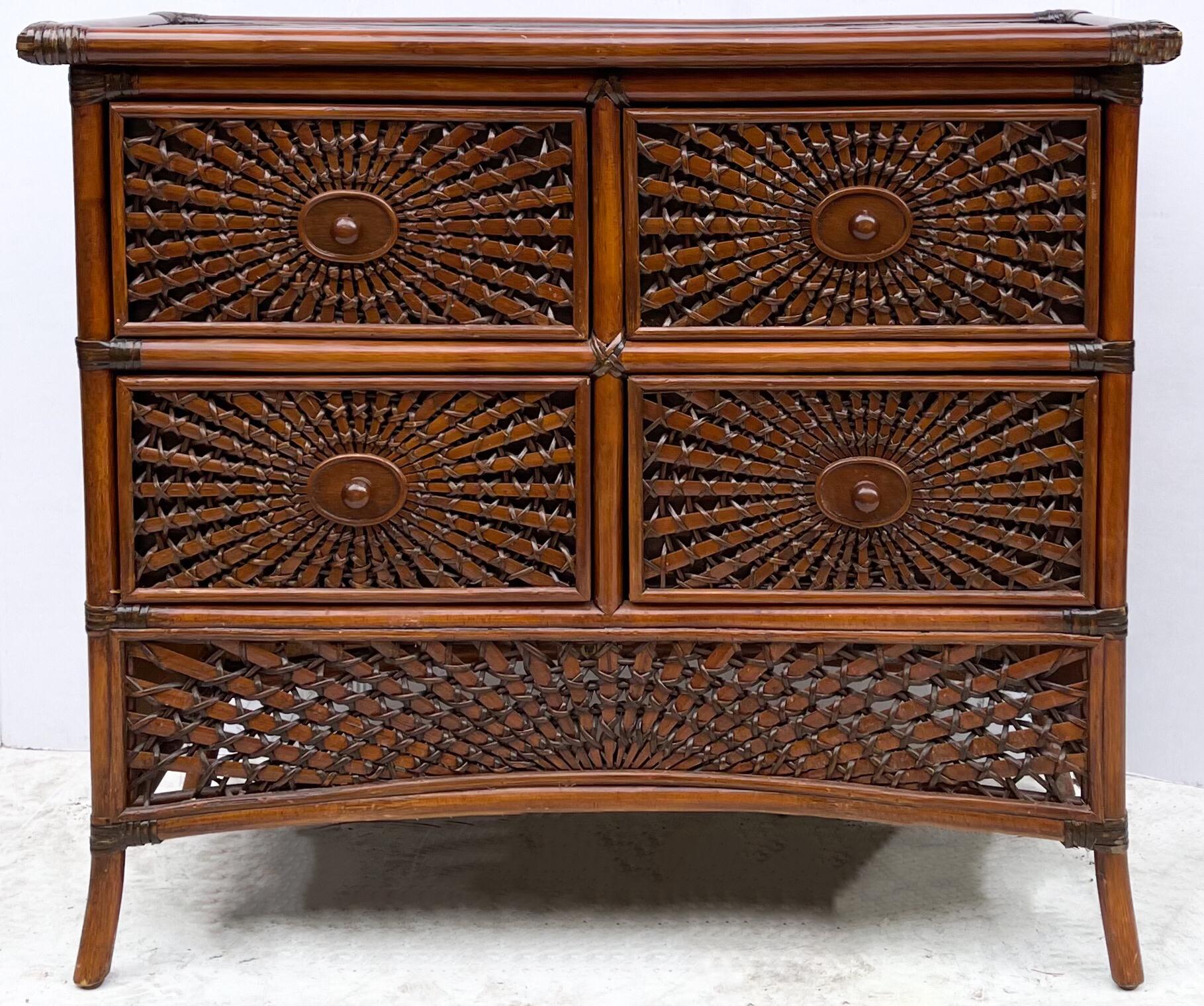 This is great looking, it is a woven rattan or bamboo chest of drawers. This type of weaving is very labor intensive and indicative of skilled craftsmanship. I would say it dates to the 50s or 60s. It is in very good condition.