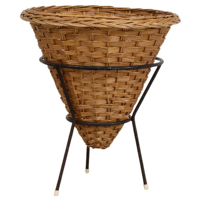 Mid-Century Woven Rattan Catch-All Basket with Black Enameled Wire Tripod Base