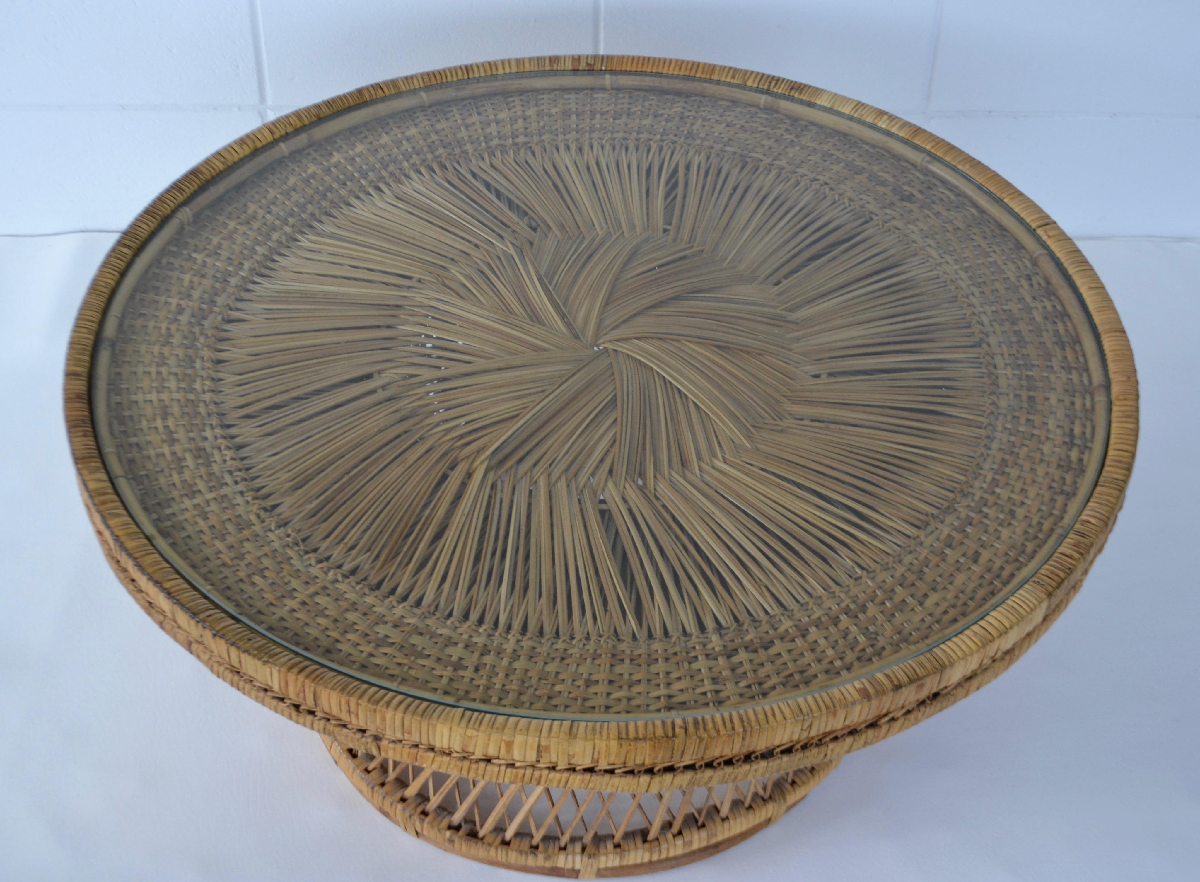 Midcentury Woven Rattan Coffee Table In Good Condition For Sale In West Palm Beach, FL