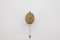 Mid-Century Woven Rattan Globe Wall Lamp, Brutalist Black Steel Bracket