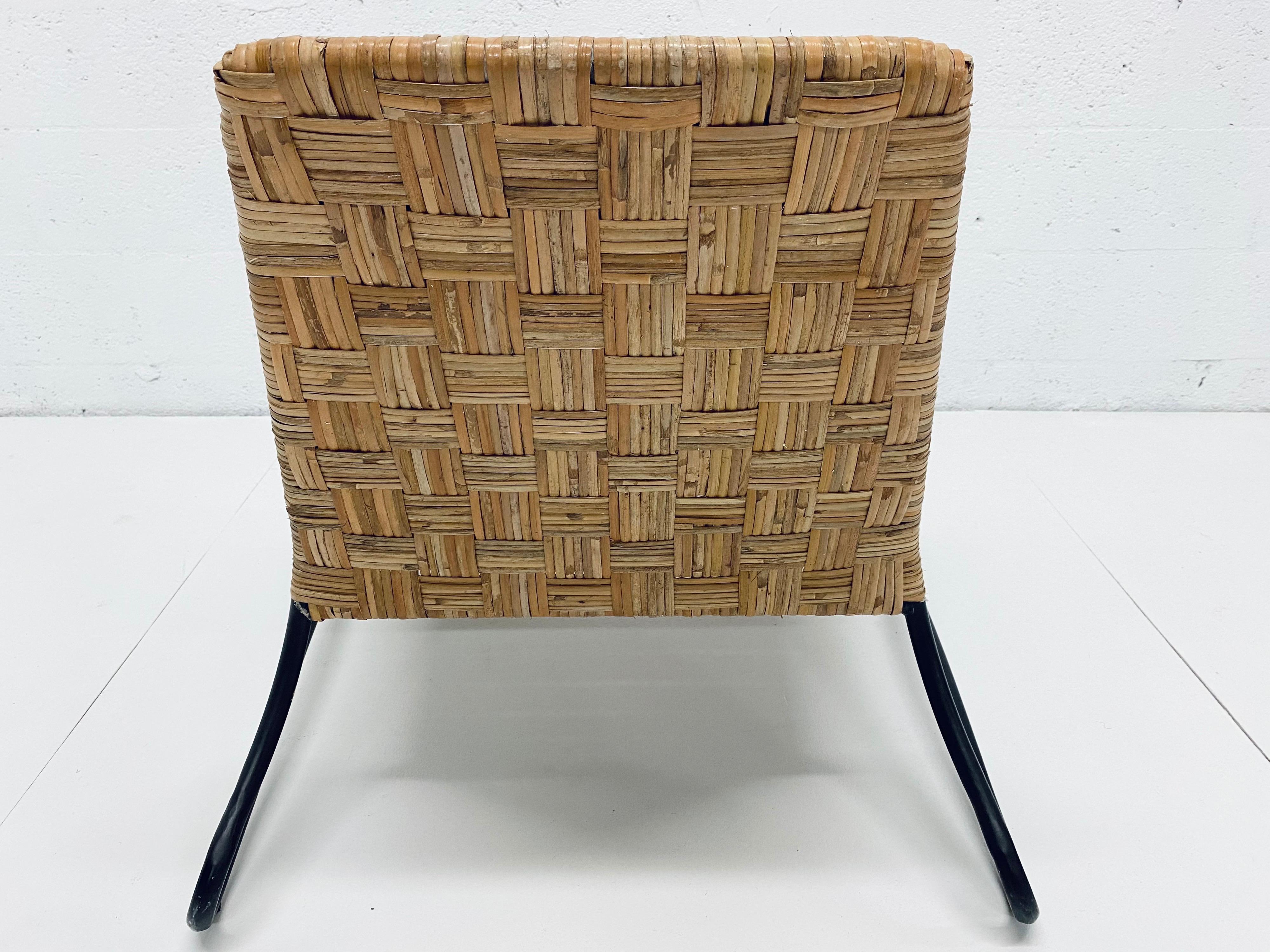 Late 20th Century Midcentury Woven Rattan Lounge Chair with Black Tubular Frame