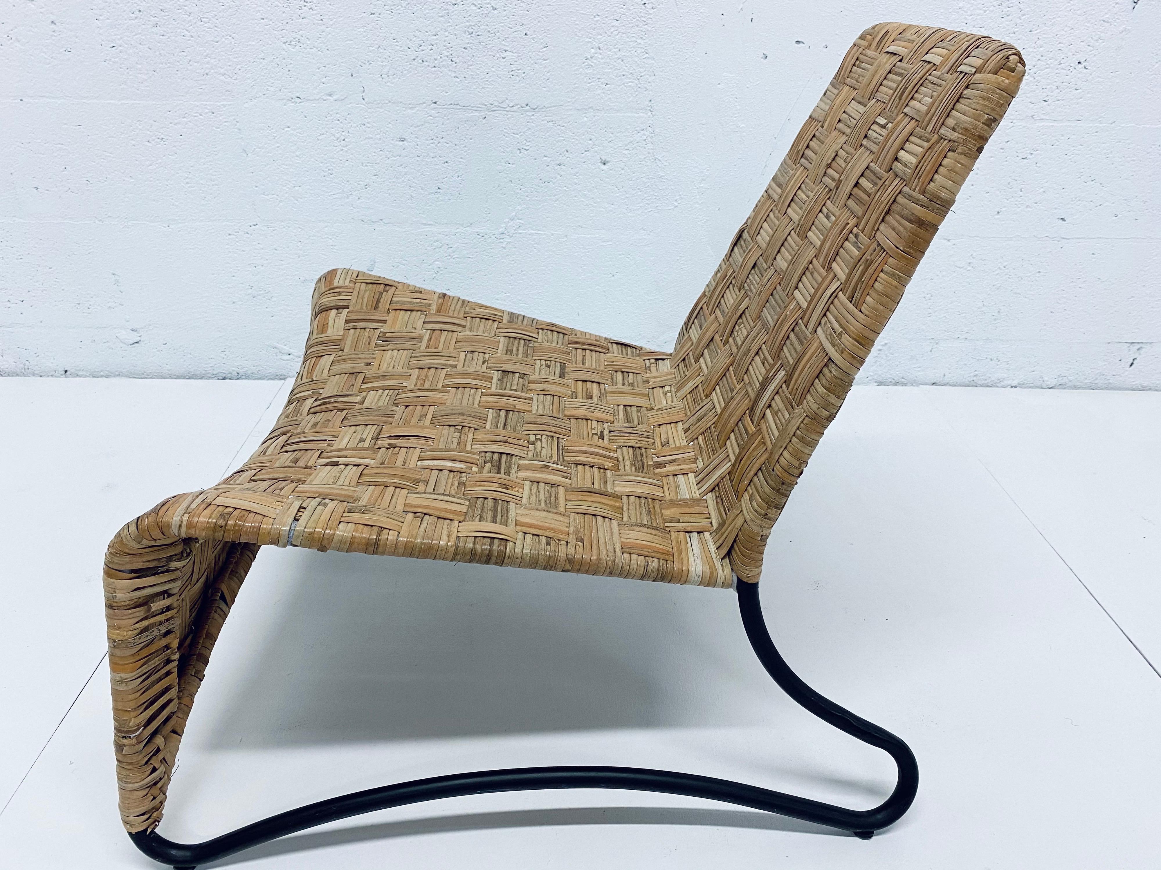 Steel Midcentury Woven Rattan Lounge Chair with Black Tubular Frame