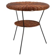 Mid-Century Woven Rattan, Wicker and Iron 2-Tier Round Coffee Table, Italy 1960s