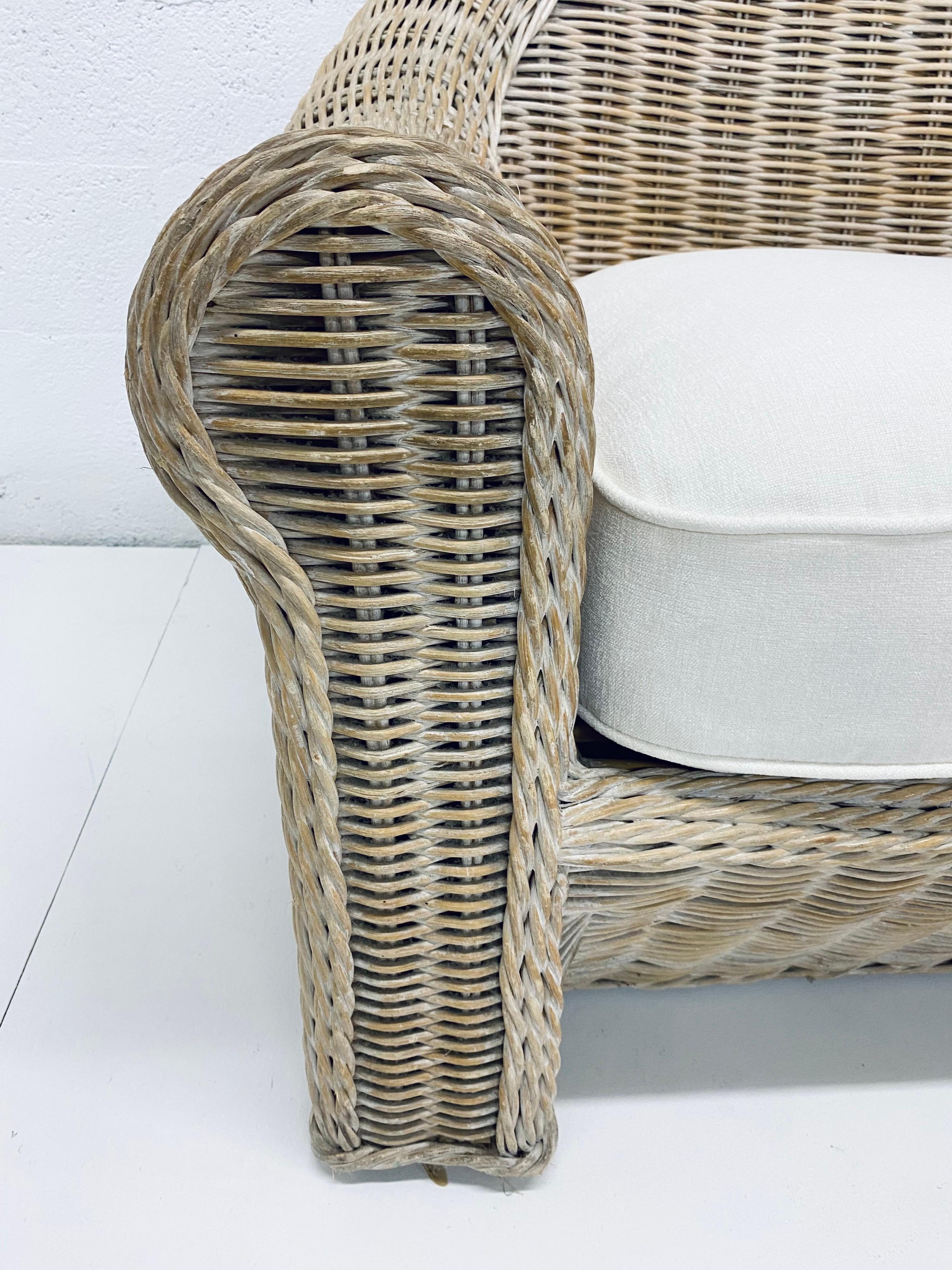 Midcentury Woven Reed Lounge Chair with New White Cotton Linen Upholstery For Sale 5