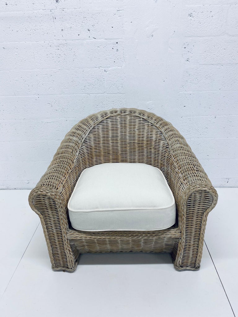 Midcentury Woven Reed Lounge Chair with New White Cotton Linen ...