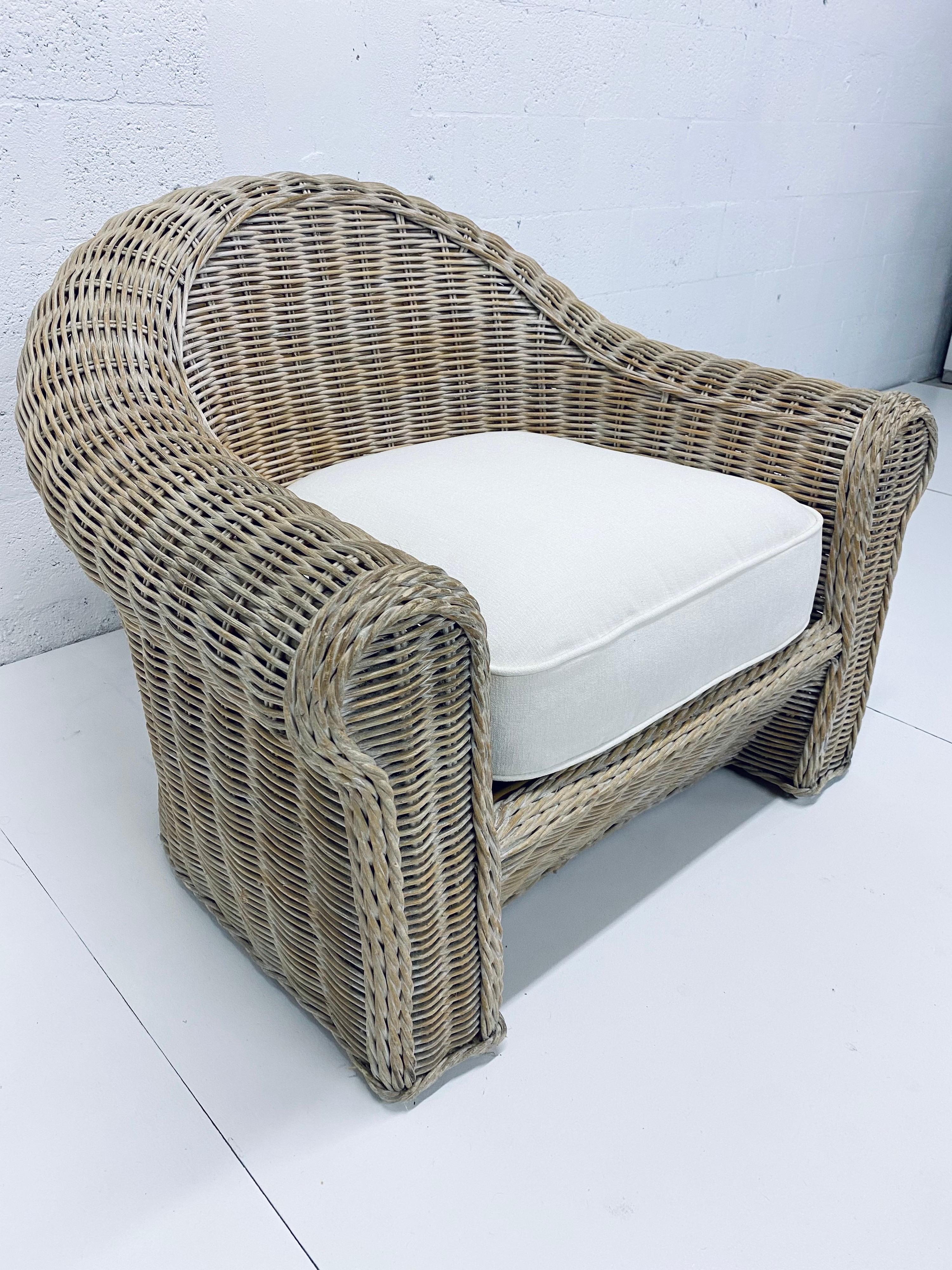 Mid-Century Modern Midcentury Woven Reed Lounge Chair with New White Cotton Linen Upholstery For Sale