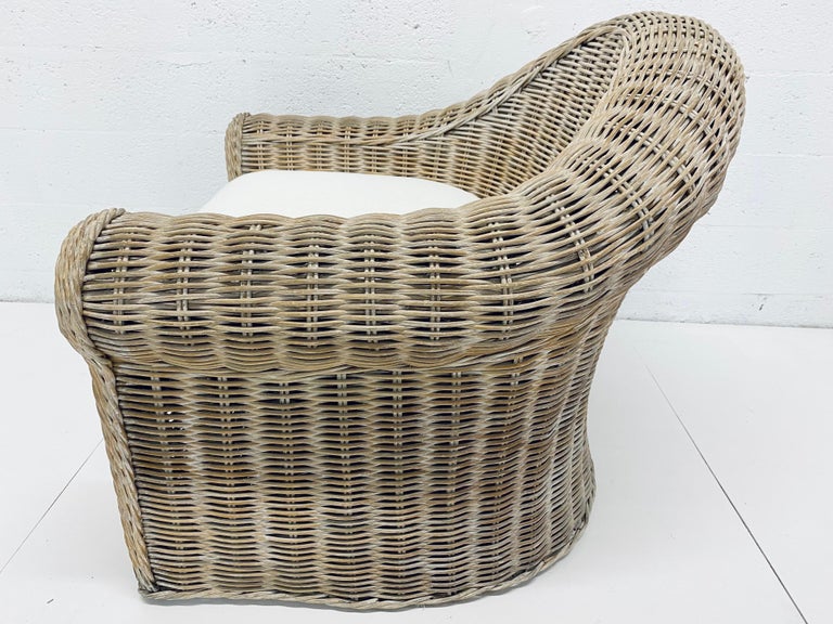 Midcentury Woven Reed Lounge Chair with New White Cotton Linen ...