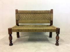 Midcentury Woven Rope Bench in the Style of Audoux and Minet