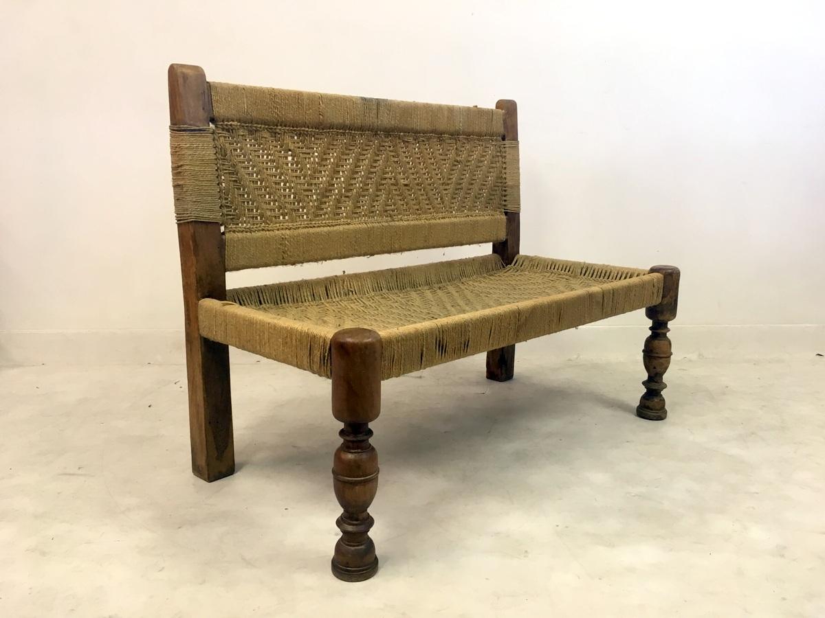 French Midcentury Woven Rope Bench in the Style of Audoux and Minet