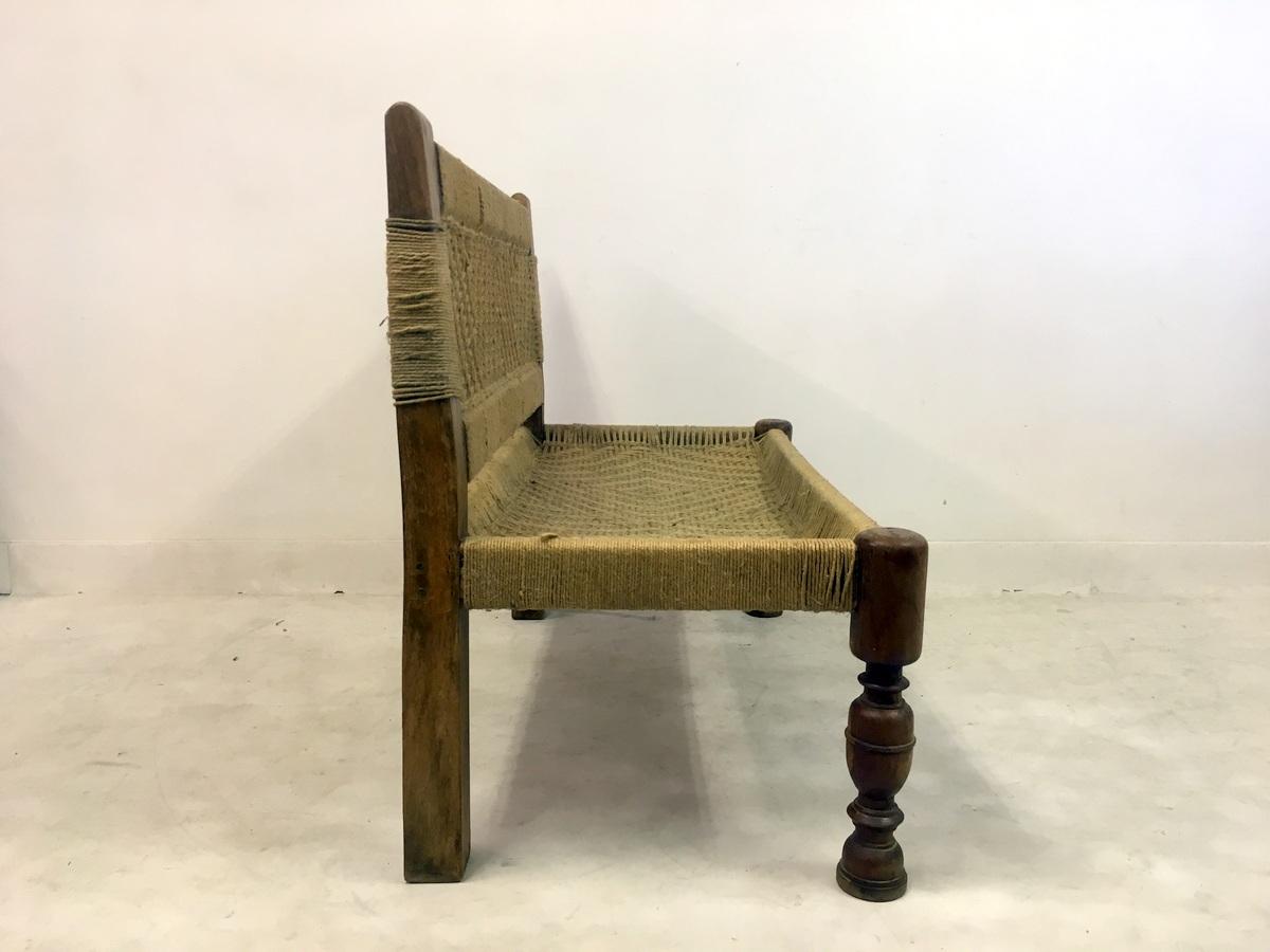 Hand-Woven Midcentury Woven Rope Bench in the Style of Audoux and Minet