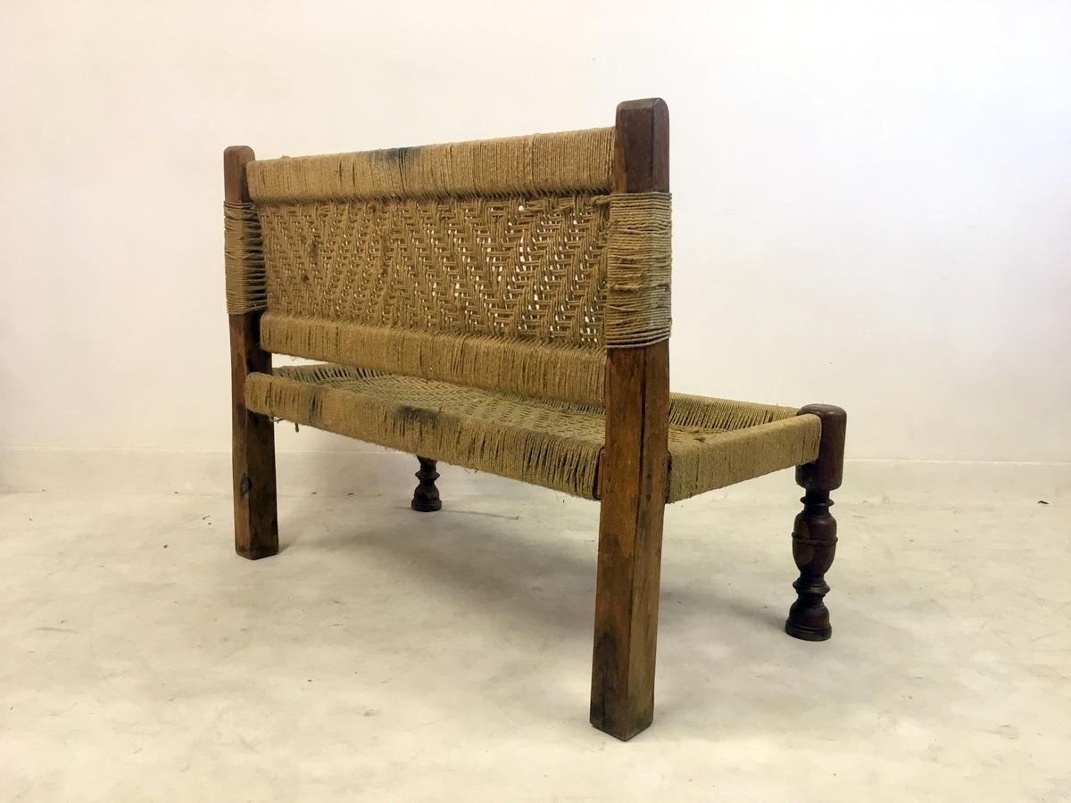 Midcentury Woven Rope Bench in the Style of Audoux and Minet In Fair Condition In London, London