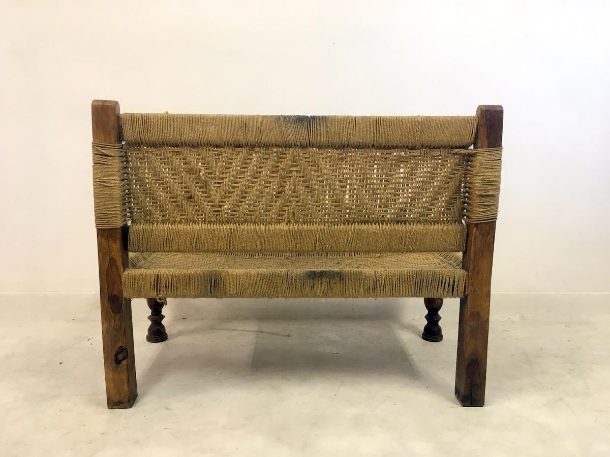 20th Century Midcentury Woven Rope Bench in the Style of Audoux and Minet