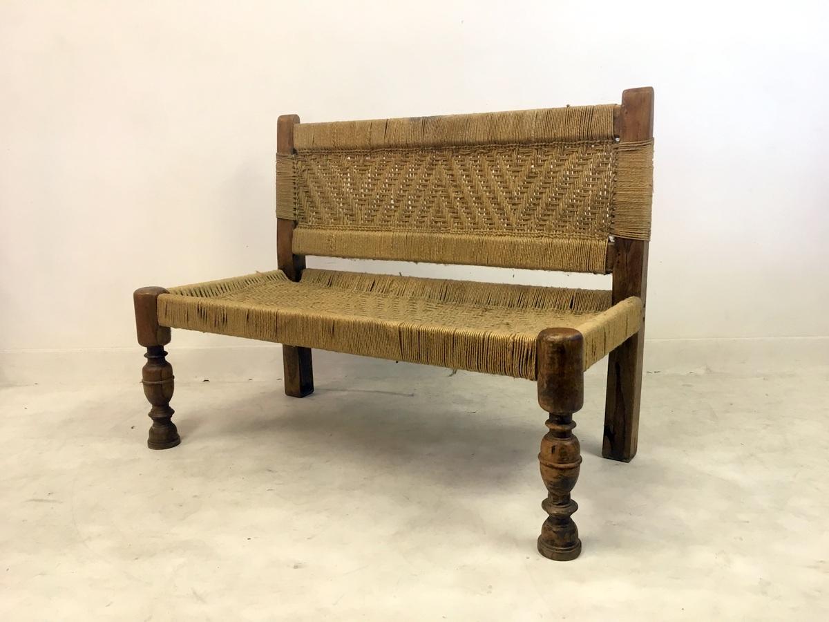 Midcentury Woven Rope Bench in the Style of Audoux and Minet 1
