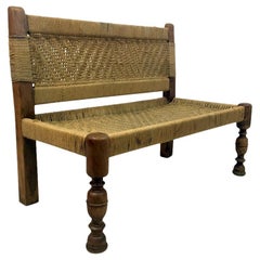 Midcentury Woven Rope Bench in the Style of Audoux and Minet