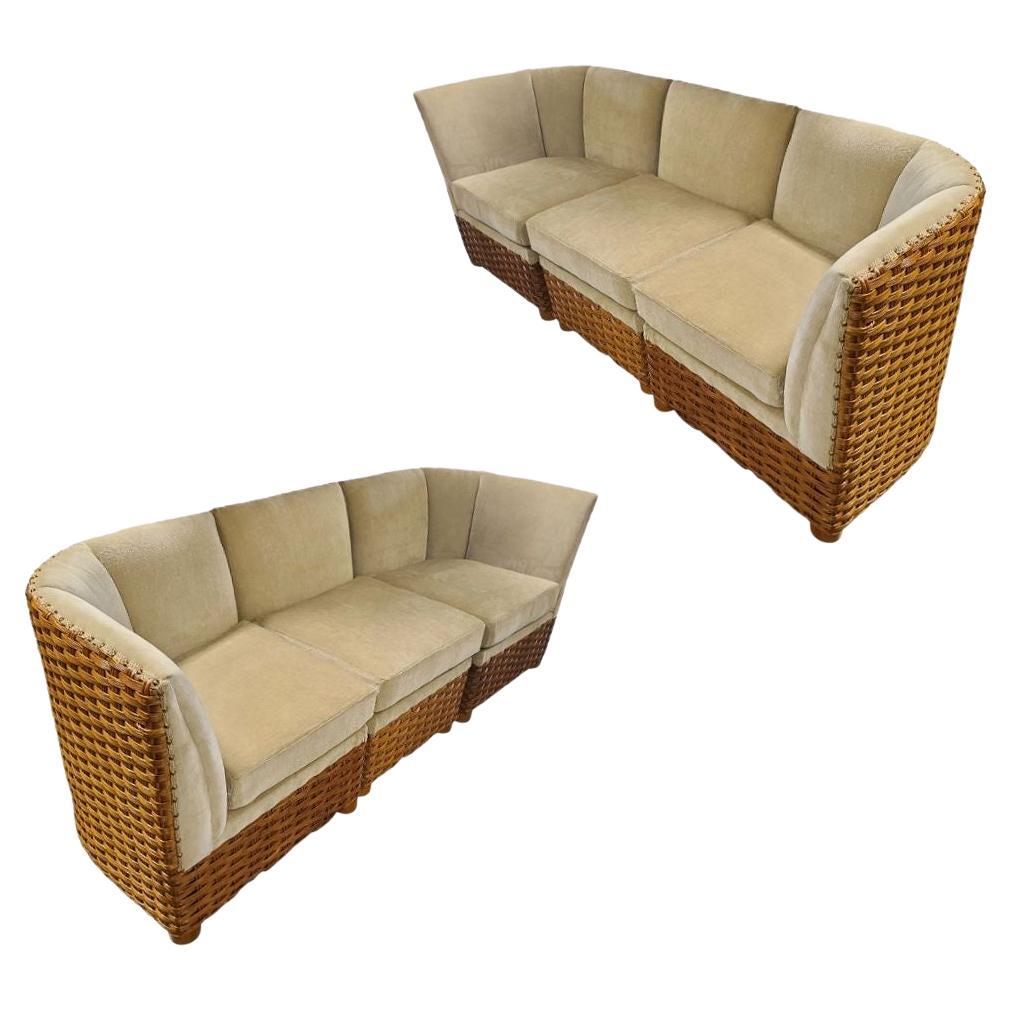 Mid Century Woven Wicker Sectional Dinner Booth, Pair For Sale
