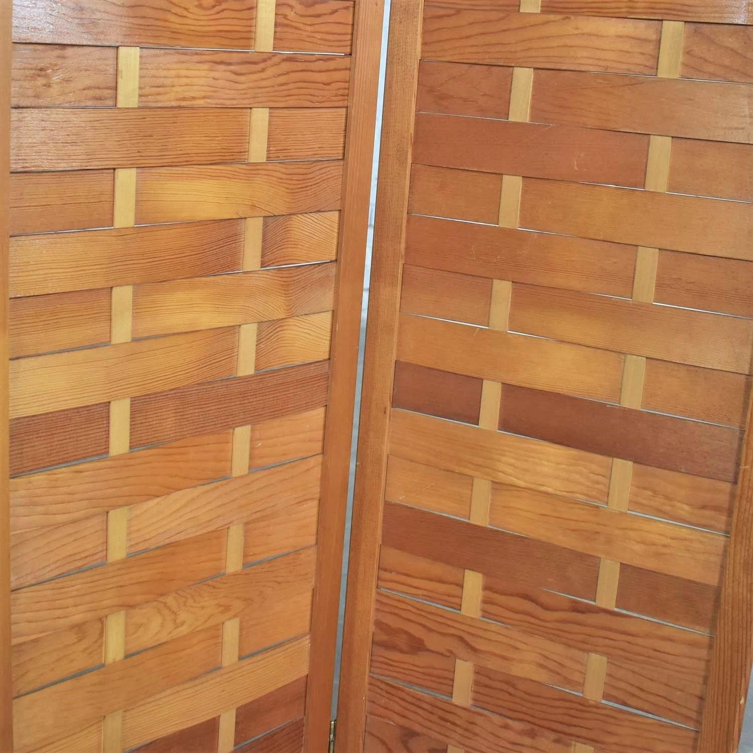 Midcentury Woven Wood Folding Screen 4-Panel Room Divider in Pine 3