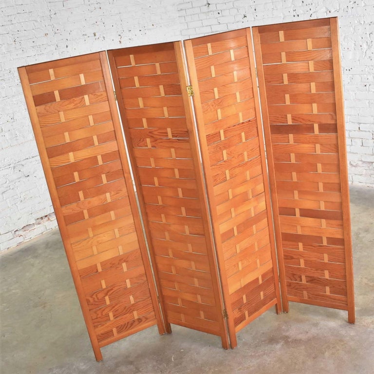 Midcentury Woven Wood Folding Screen 4Panel Room Divider in Pine at
