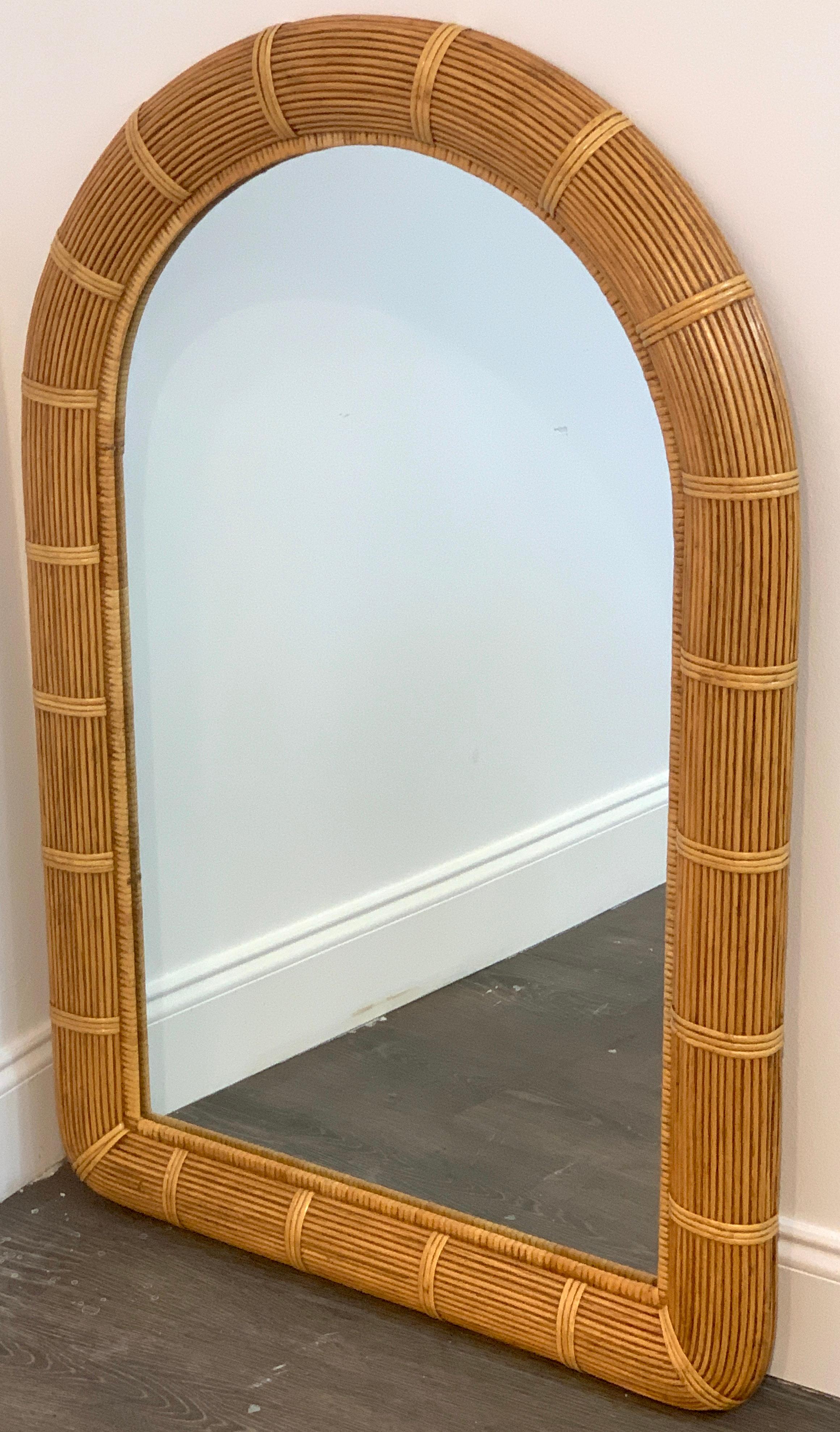 Midcentury wrapped pencil reed rattan demilune mirror, nice color, beautifully constructed, good size with 21