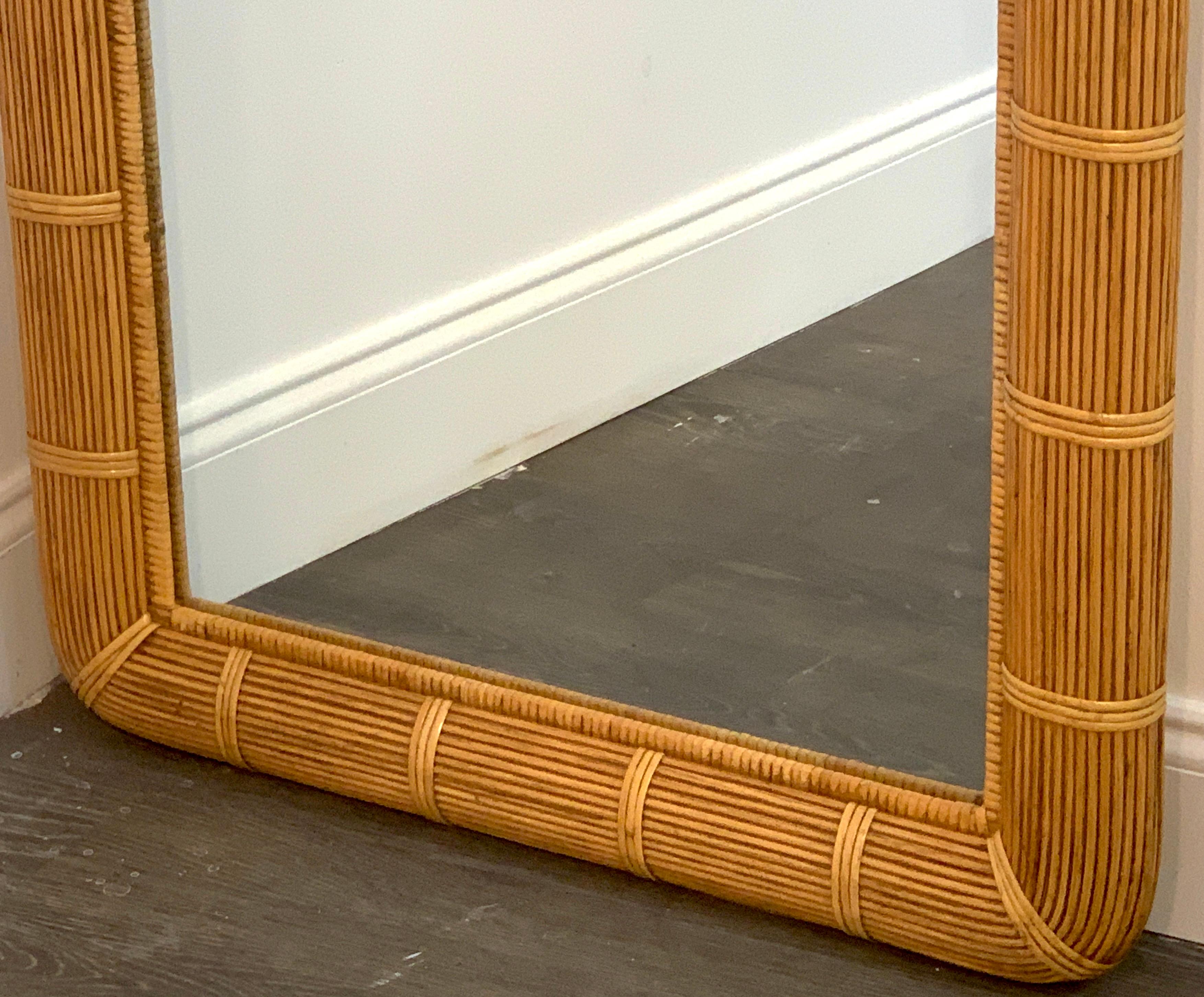 Mid-Century Modern Midcentury Wrapped Pencil Reed Rattan Demilune Mirror