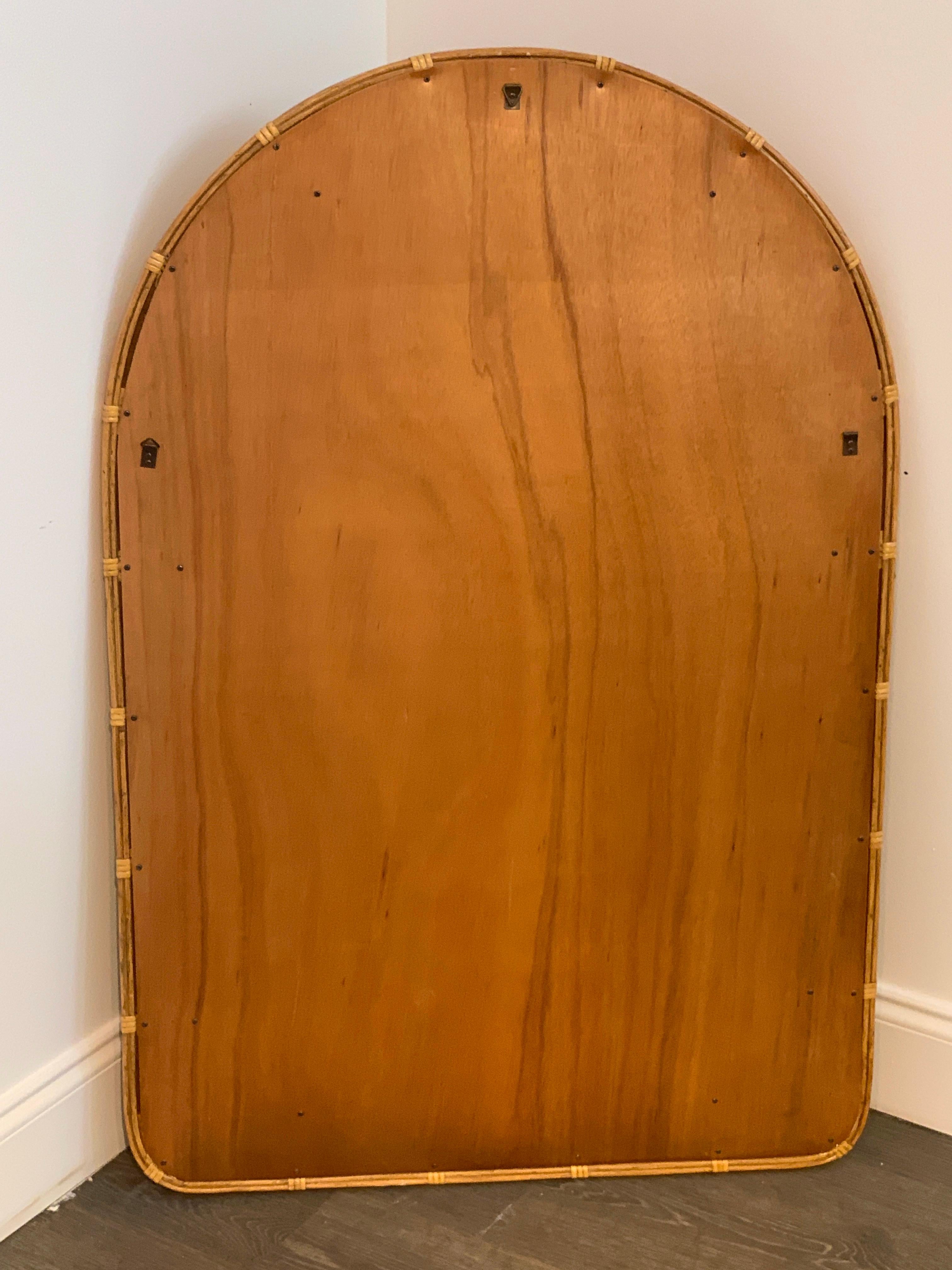 Midcentury Wrapped Pencil Reed Rattan Demilune Mirror In Good Condition In West Palm Beach, FL