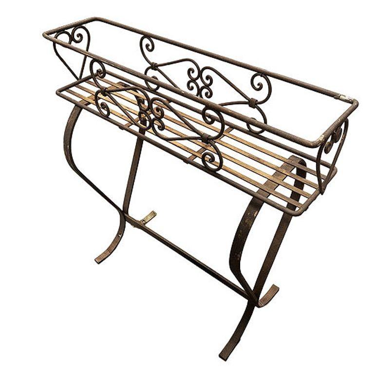 Mid-Century Modern Mid-century Wroght Iron Scrolling Trestle Style Elevated Planter Stand For Sale