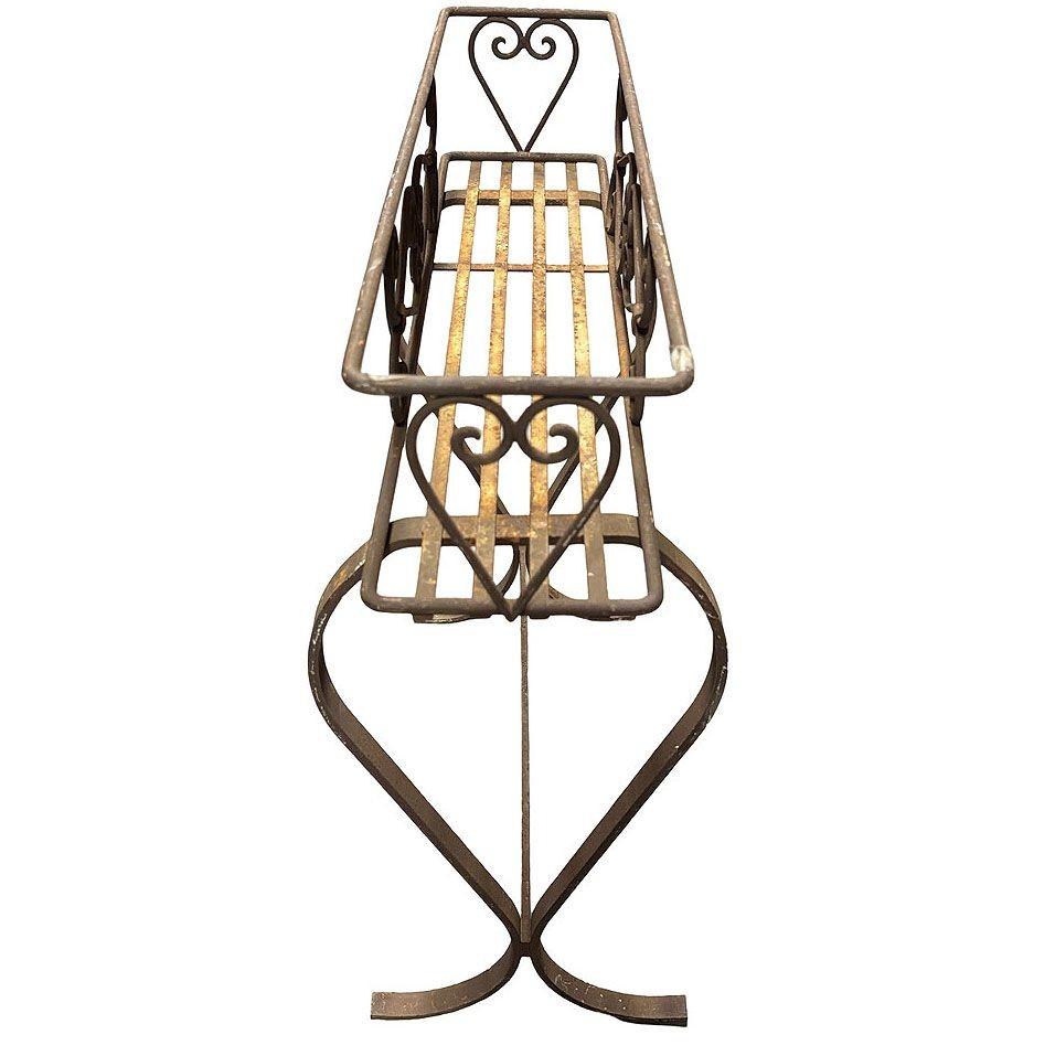 American Mid-century Wroght Iron Scrolling Trestle Style Elevated Planter Stand For Sale