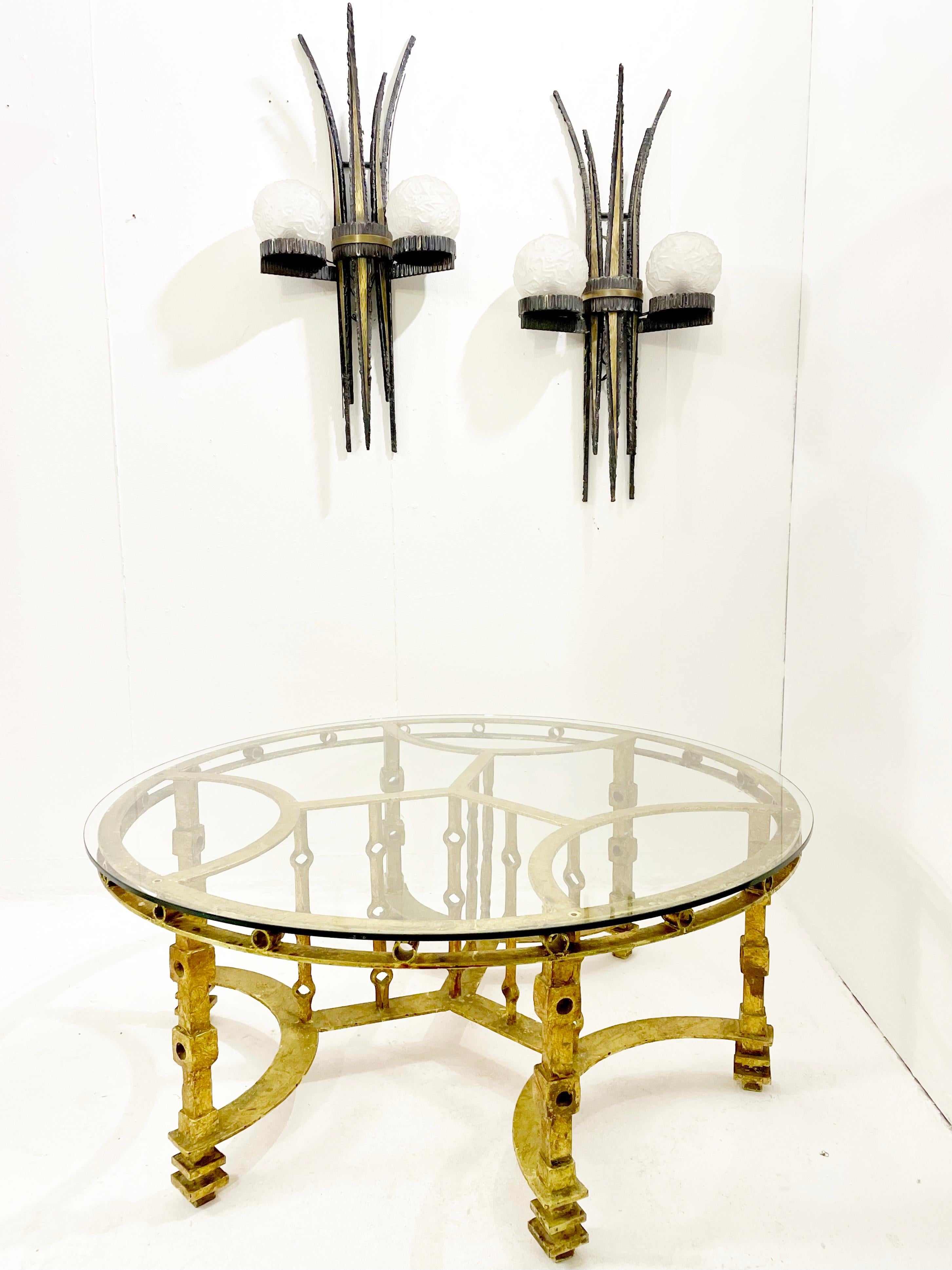 Mid-20th Century Mid-Century Wrought Gilded Iron and Glass Top Coffee Table, France, 1940s For Sale