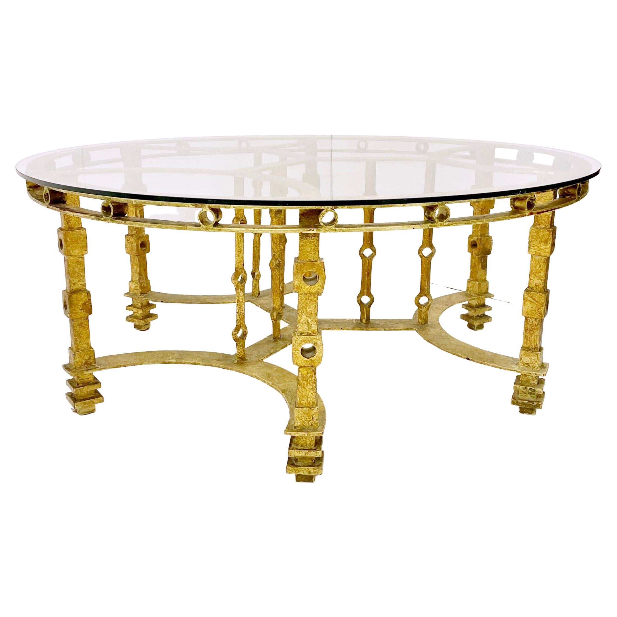 Mid-Century Wrought Gilded Iron and Glass Top Coffee Table, France, 1940s For Sale