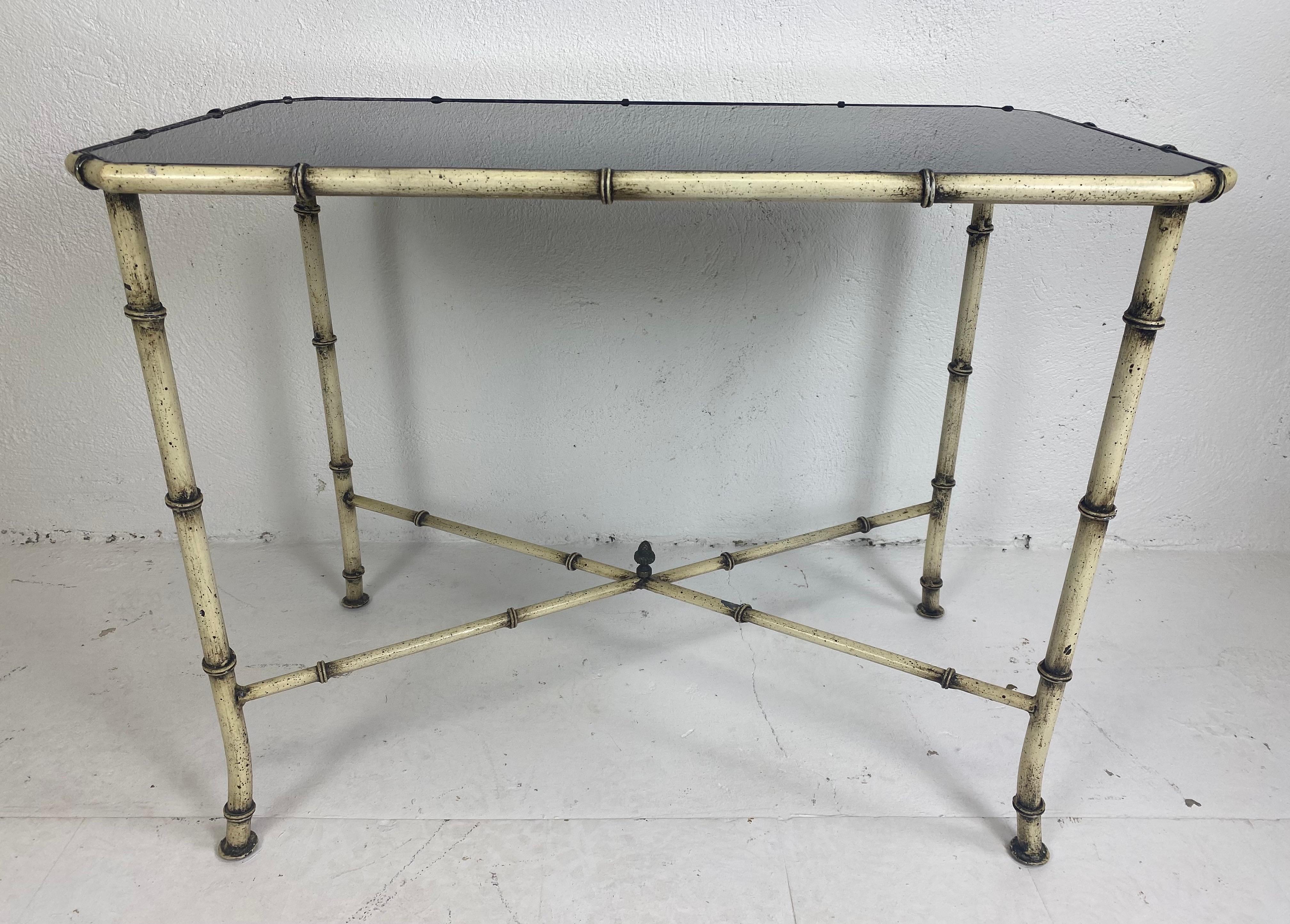 Mid-century wrought iron and black glass pho bamboo side table For Sale 3