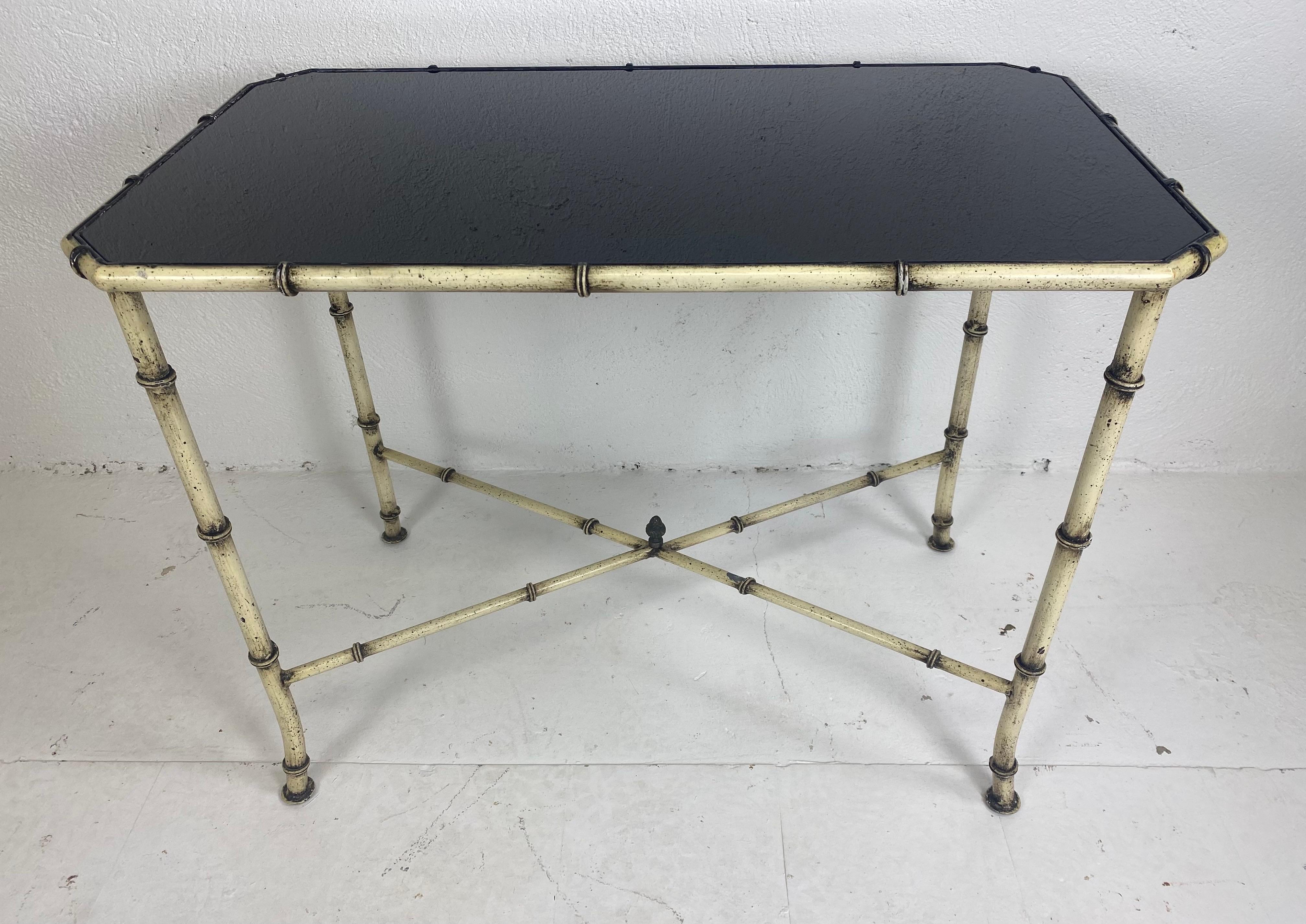 Edwardian Mid-century wrought iron and black glass pho bamboo side table For Sale
