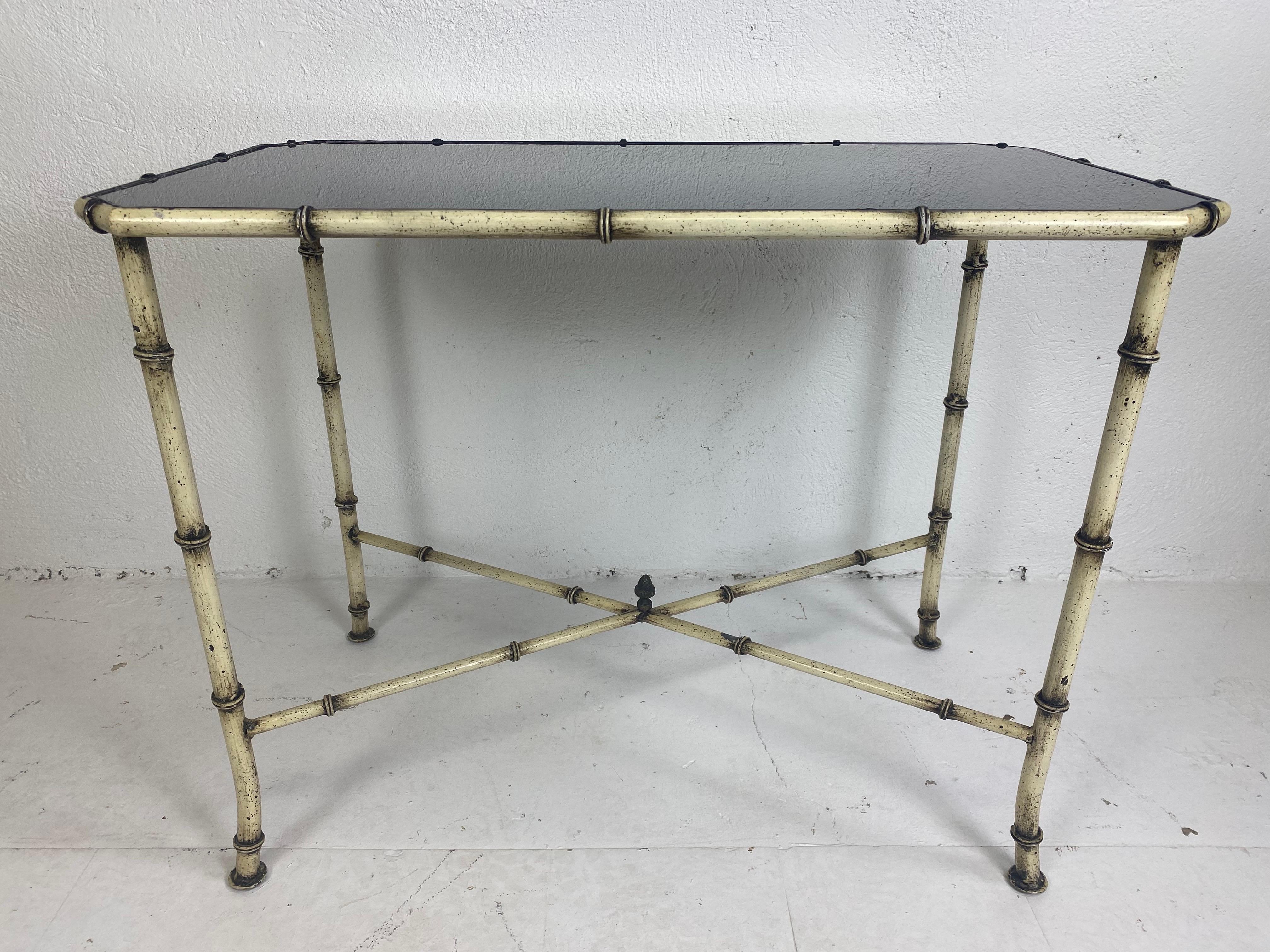 Mid-century wrought iron and black glass pho bamboo side table In Good Condition For Sale In Allentown, PA