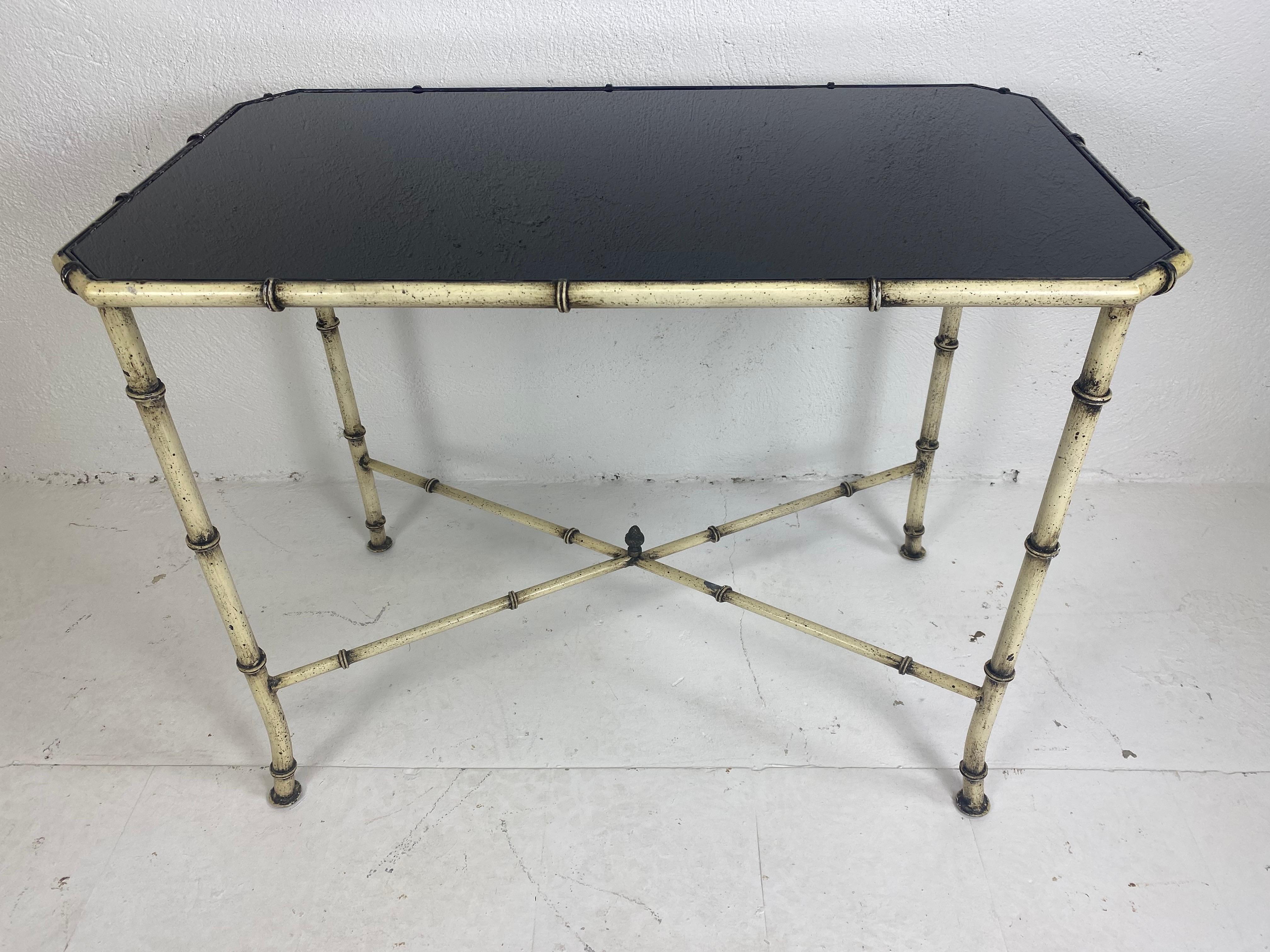 Mid-century wrought iron and black glass pho bamboo side table For Sale 1